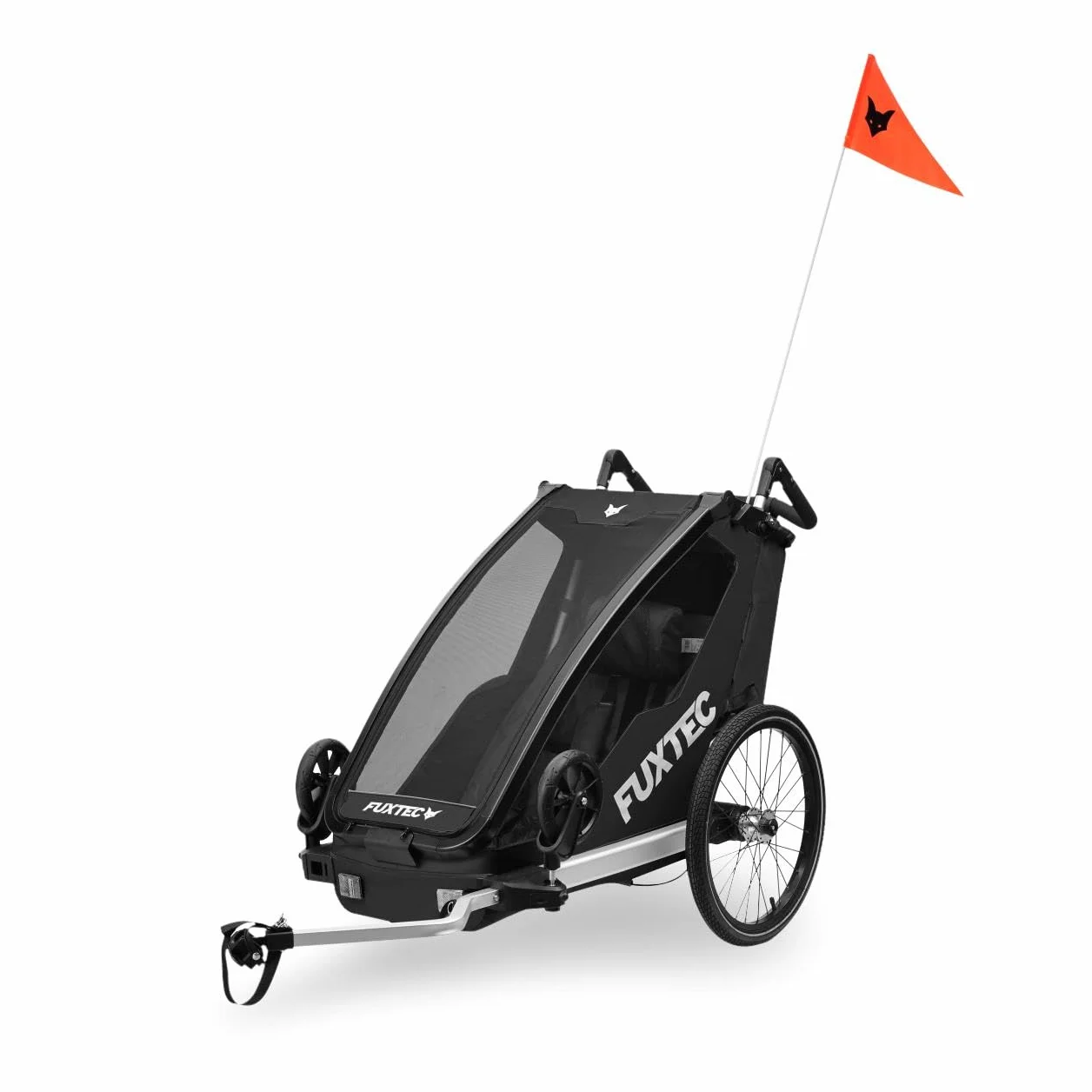 FUXTEC Rimorchio per Bici FX-FA1S Nero – Carrello 1 Posto per Bambini Pieghevole con Cintura di Sicurezza e Parasole