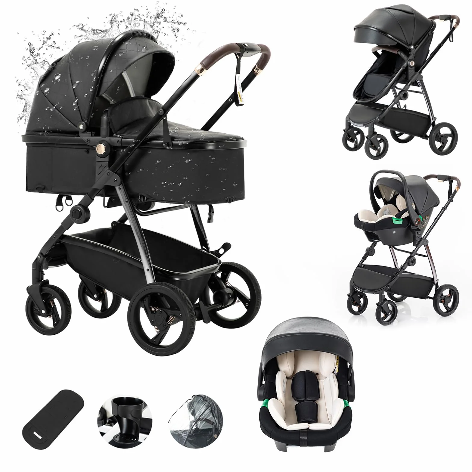 Passeggino 3 in 1 con Seggiolino Auto e Carrozzina, Grandi Ruote Assorbenti Urti per Bambini 0-36 Mesi Nero