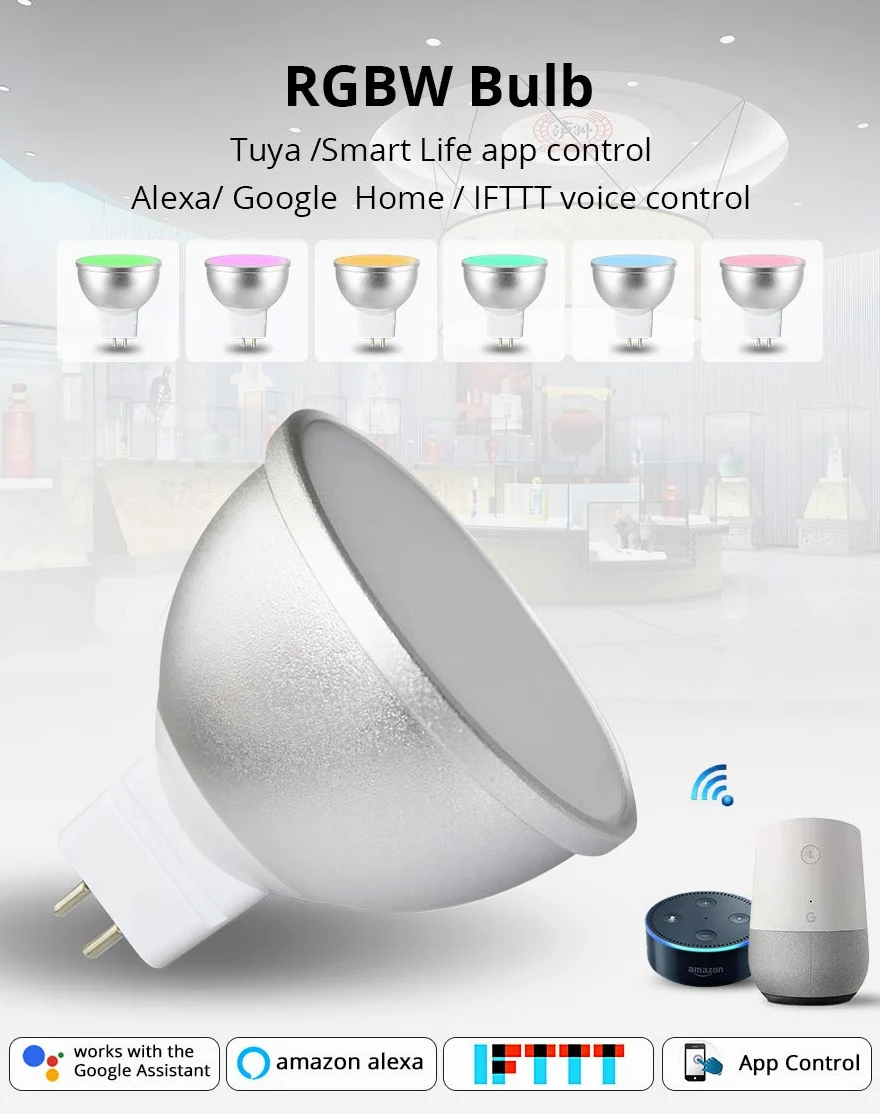 BENEXMART Gu5.3 - Lampadina LED MR16 12 V WiFi Alexa Google Home Assistant IFTTT Tuya Smart Life App telecomando RGB LED dimmerabile, bianco, GU5.3, 5.00W