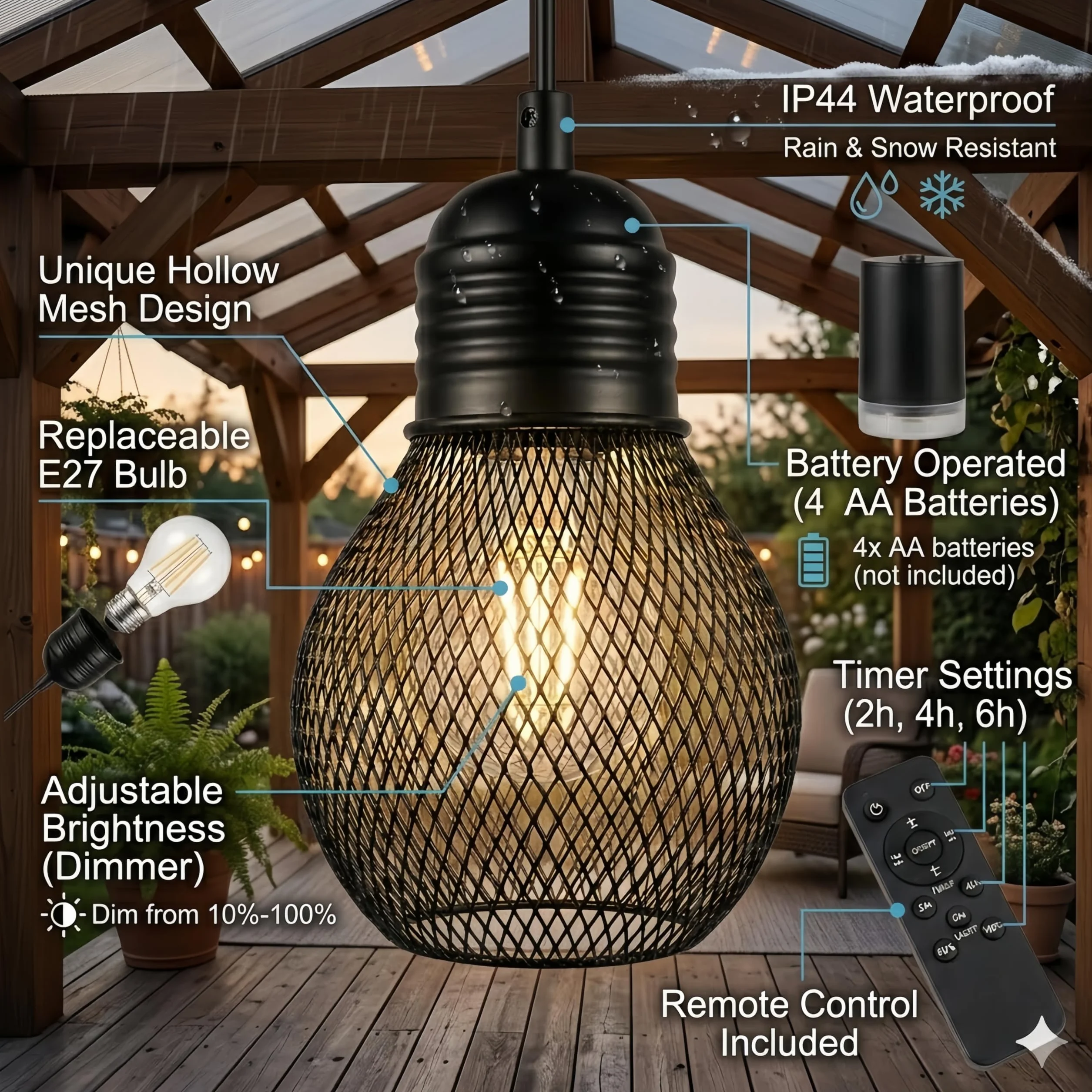 Lampada a sospensione a batteria con telecomando impermeabile, 4 batterie AA, per gazebo, pergolato, portico, patio, interno/esterno, nero