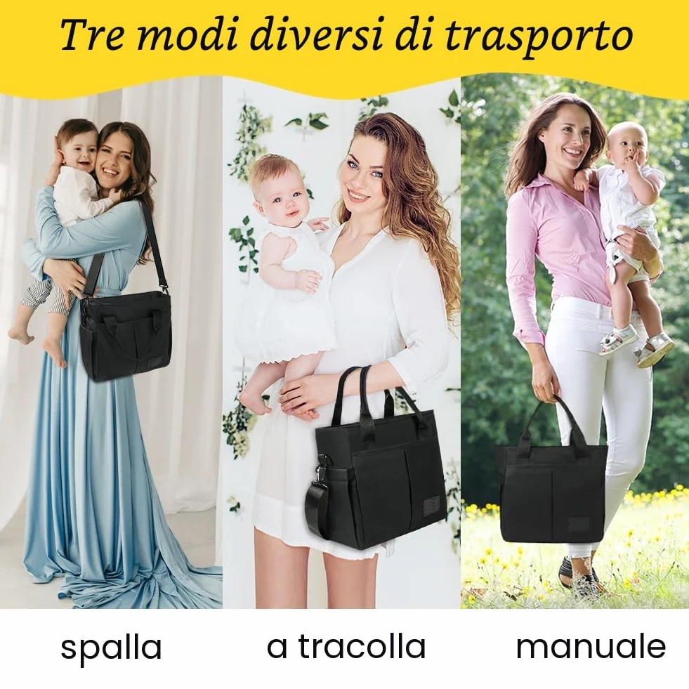 Aolso Borsa Fasciatoio per Neonato, Grande Capacità Impermeabile, Borsa Pannolini Viaggio Ganci Passeggino, Nero