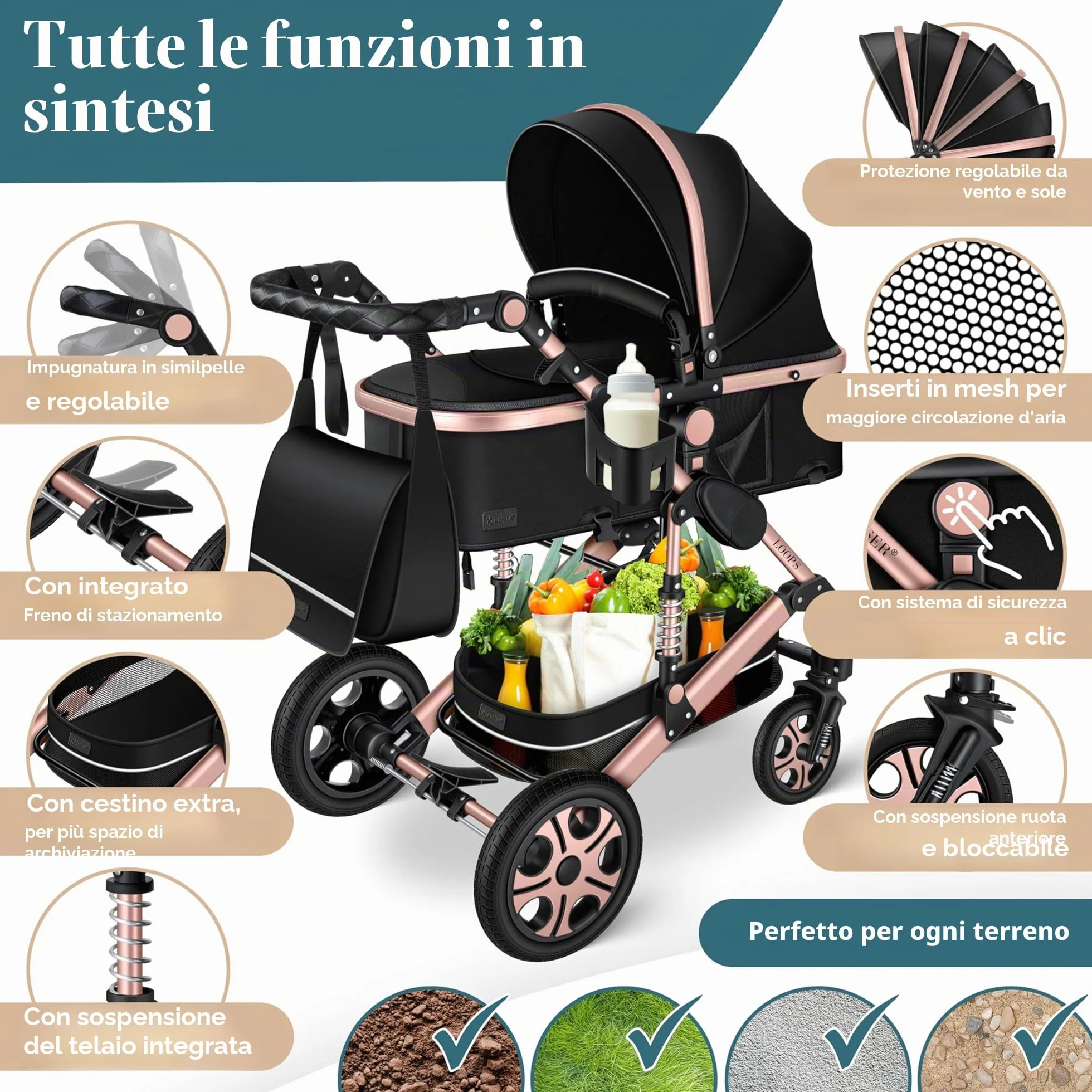 KESSER Carrozzina 3in1 Loops, Combinata con navicella, Seggiolino auto, Nero/Oro Rosato