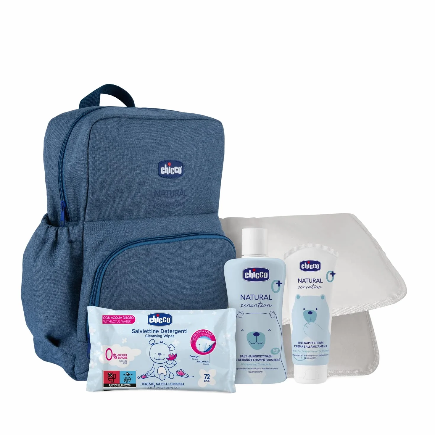 Chicco Gift Set Cambio Natural Sensation, Pasta Lenitiva, Salviettine Detergenti, Zainetto cotone