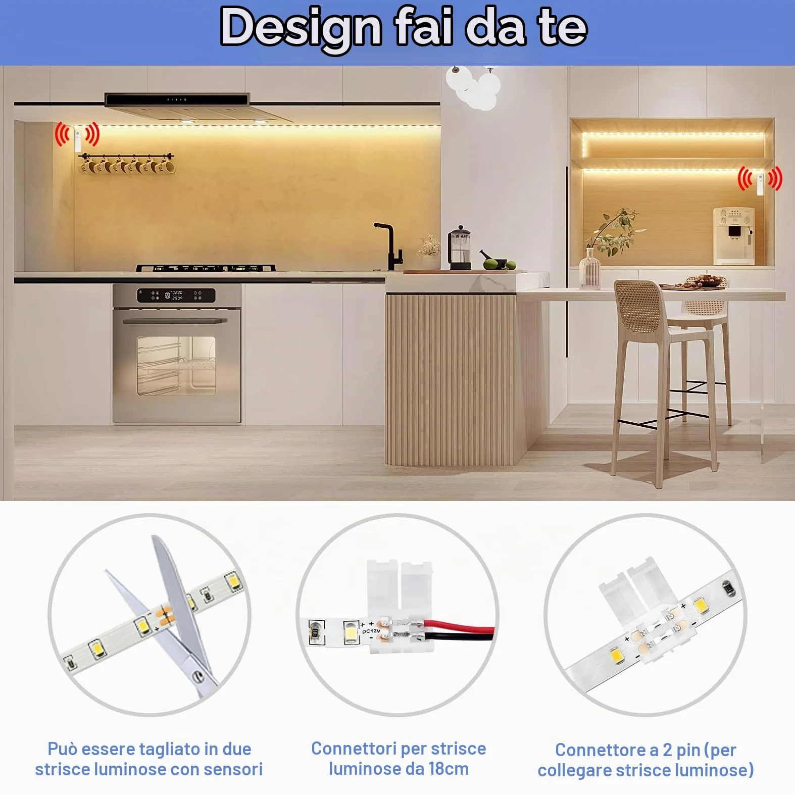 WOBANE Striscia luminosa a LED con sensore di movimento ricaricabile, 5 m, senza fili, con 2 sensori, luci a striscia LED alimentate a batteria, luce bianca calda per armadio, armadietto, 2700 K