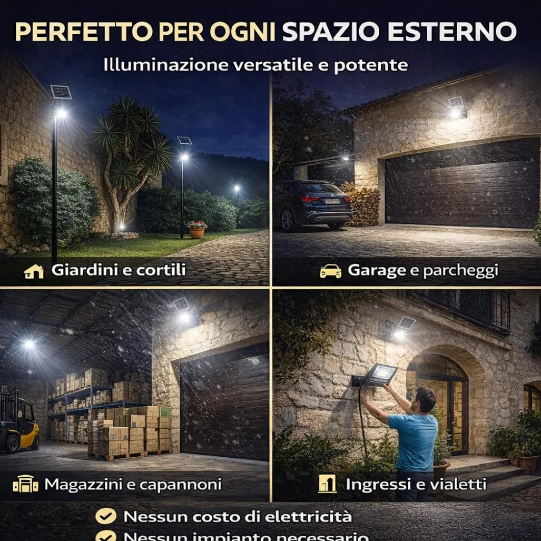 Faro Solare LED 1000W con Pannello Solare, Luce Esterno 6500K Ultra Potente, Sensore Crepuscolare Automatico, Telecomando, IP67 Impermeabile, Faretto da Esterno per Giardino, Cortile, Strada.