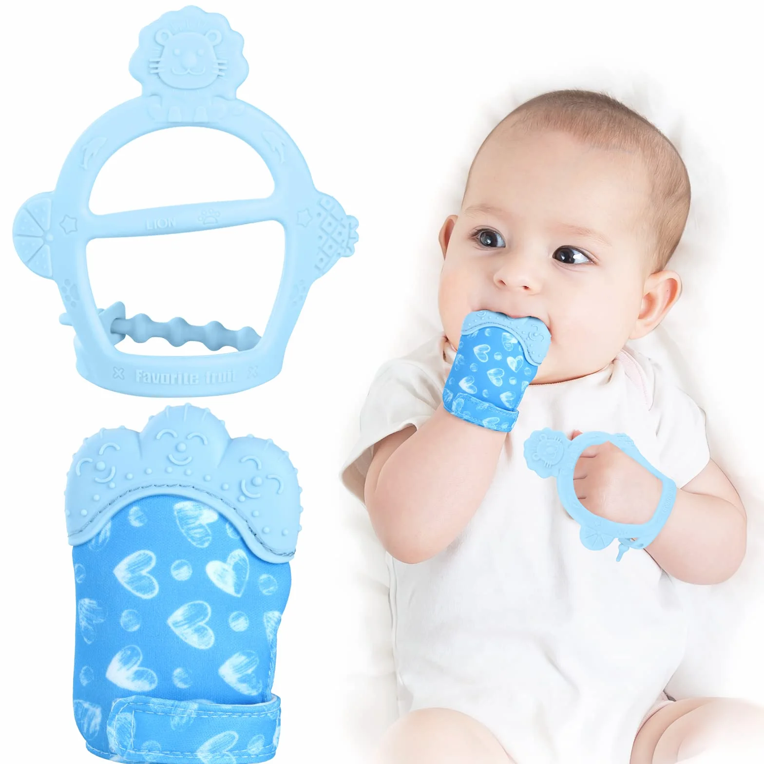 Vicloon Dentizione Mitten Confezione da 2 Guanto Dentizione Bambini Silicone BPA Free Blu