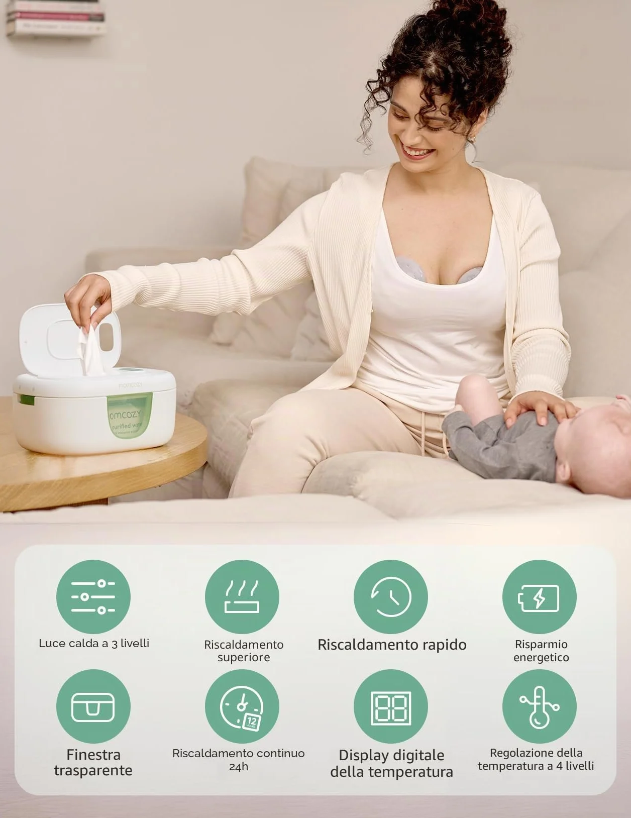 Momcozy Scalda Salviette Neonato, Dispenser Salviettine Grande Capacità, Riscaldamento Rapido Uniforme, 4 Livelli Temperatura, Luce Notturna