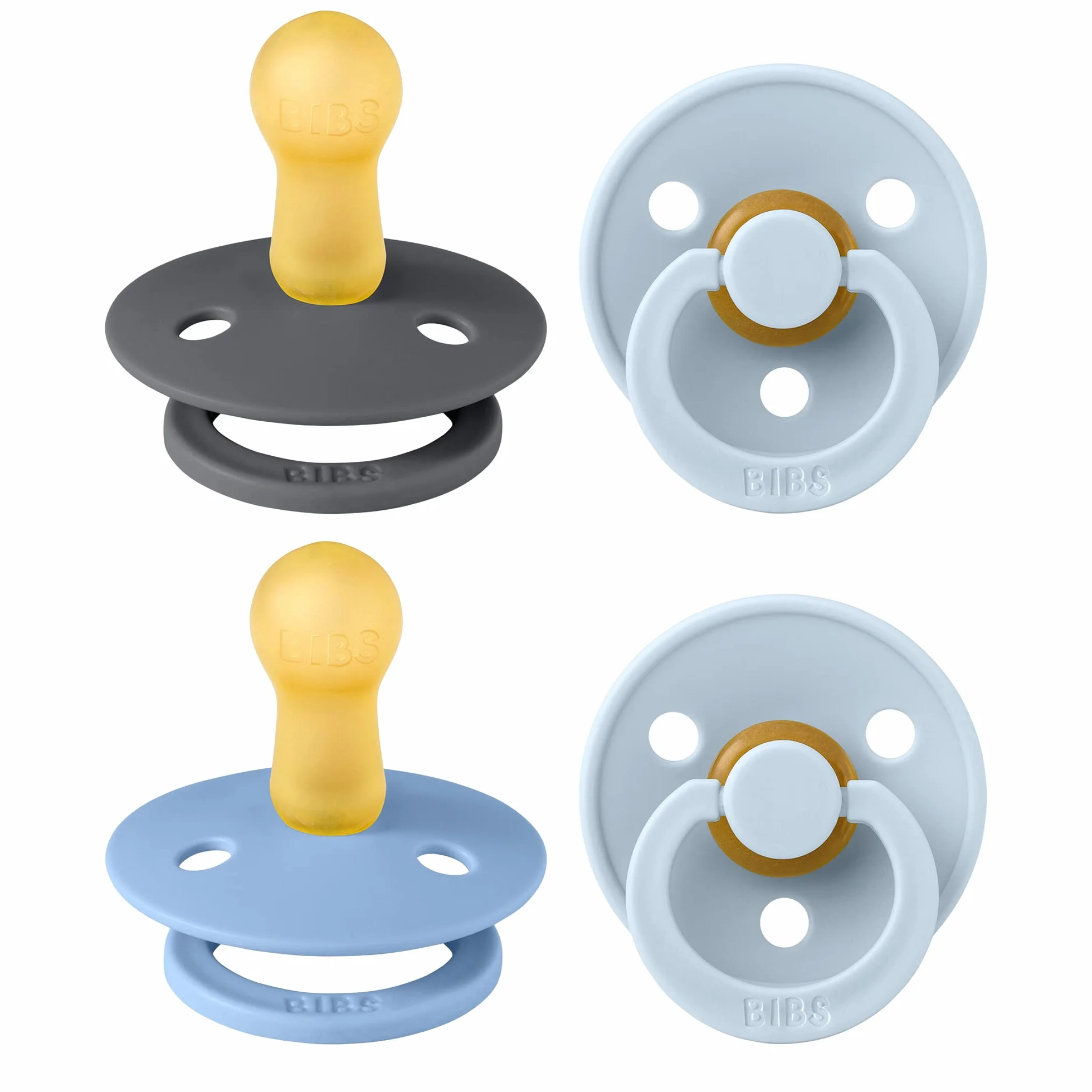 BIBS Set di 4 ciucci senza BPA, Tettarella tonda in lattice di gomma naturale, Misura 2 (6-18 mesi), Baby Blue