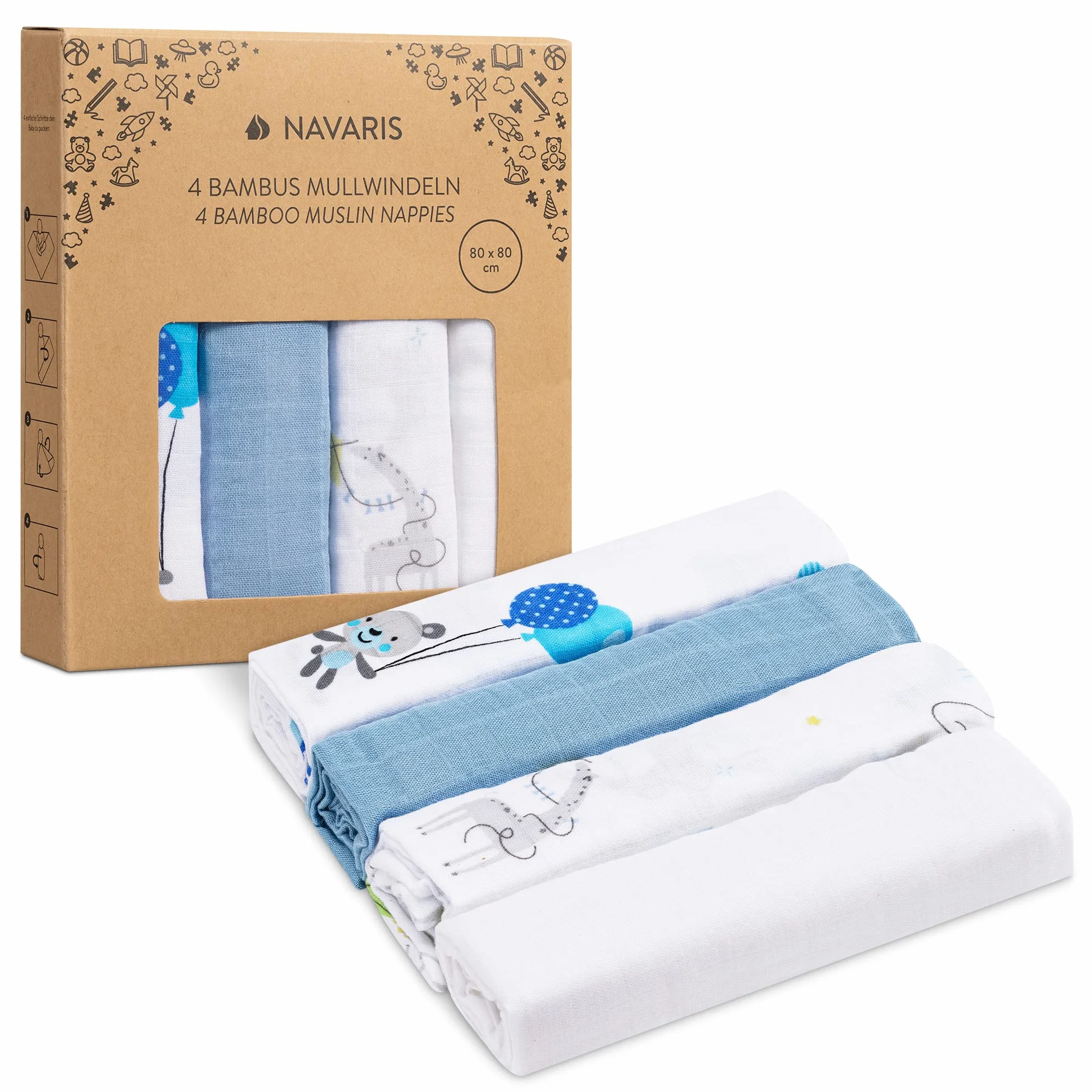 Navaris Set 4x Mussole per Neonato Misto Cotone e Viscosa Copertina 80x80cm Fascia per Allattamento Bianco Blu