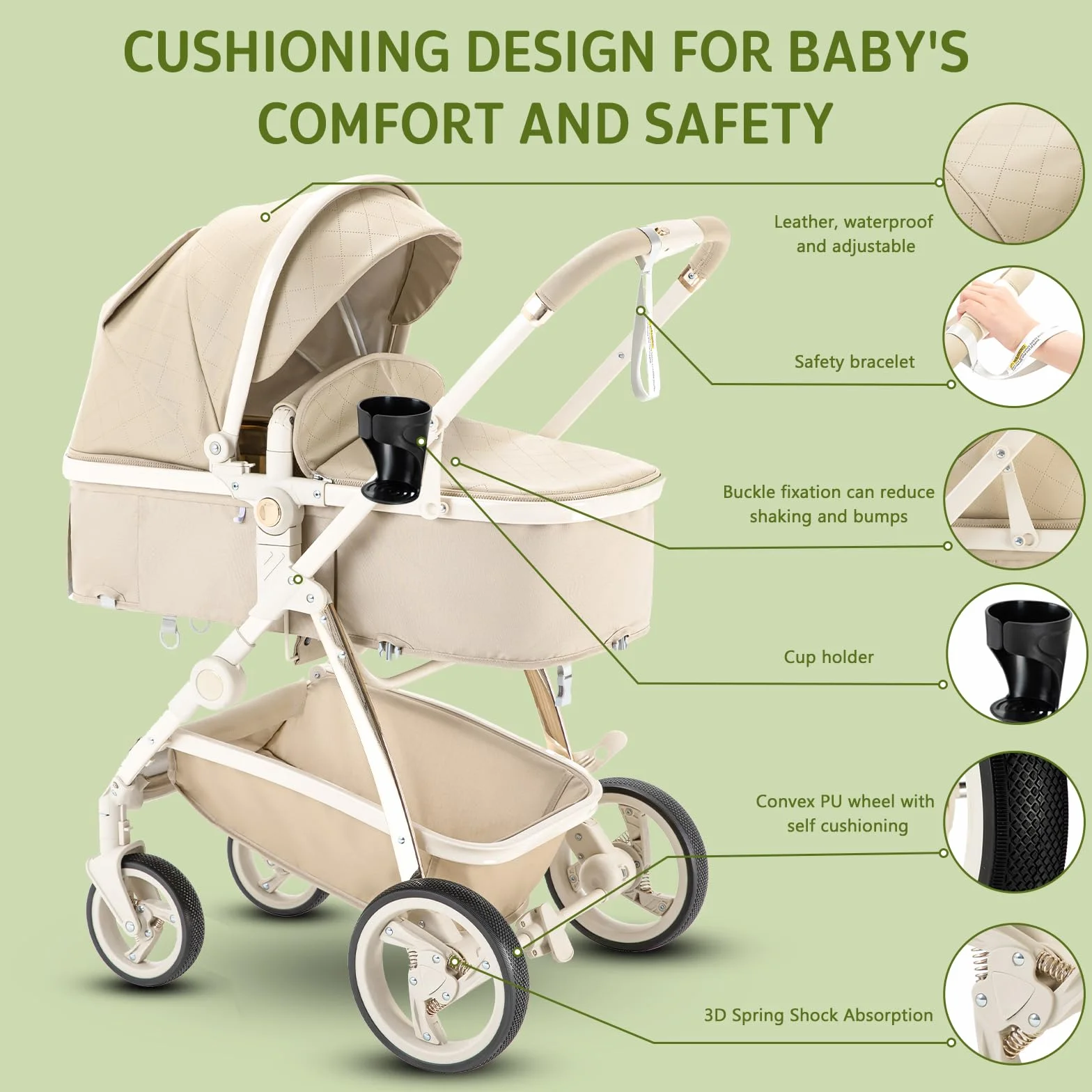 Pelle Passeggino 3 in 1 Sistema di Viaggio con Seggiolino Auto Telaio Alluminio Carrozzina Città Pieghevole per Bambini 0-4 Anni Cachi