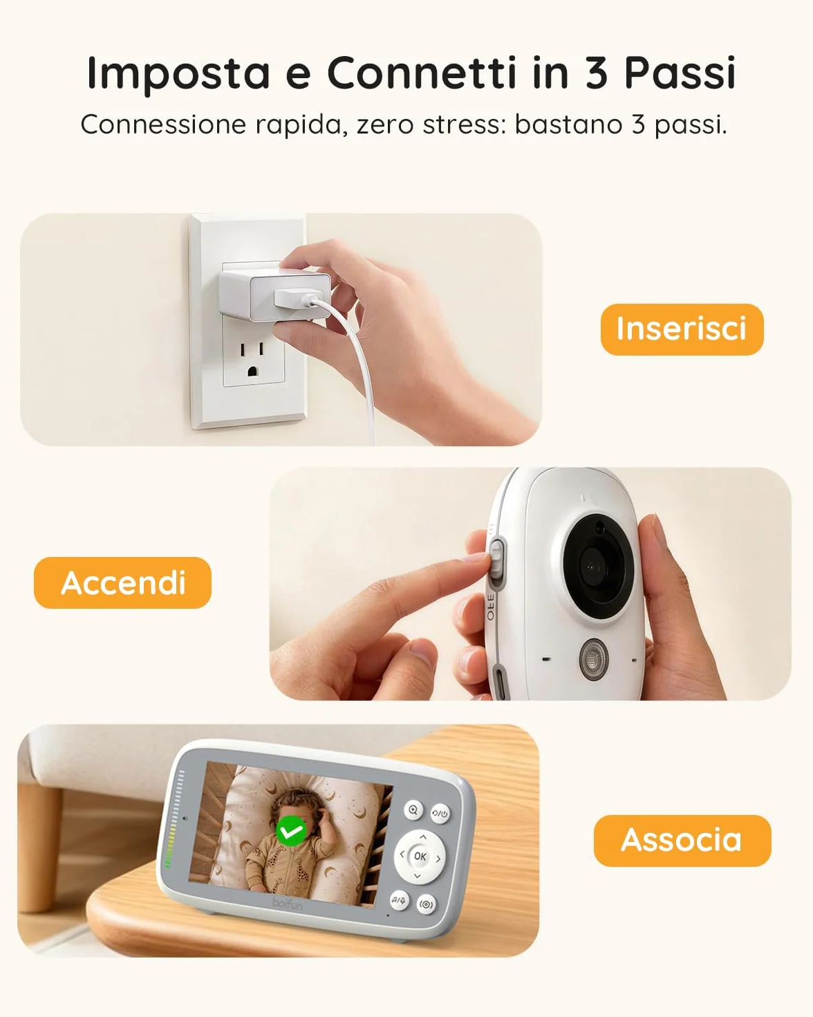 Baby Monitor Schermo IPS 4" 720P Visione Notturna Autonomia 11 Ore Zoom 3x Senza WiFi