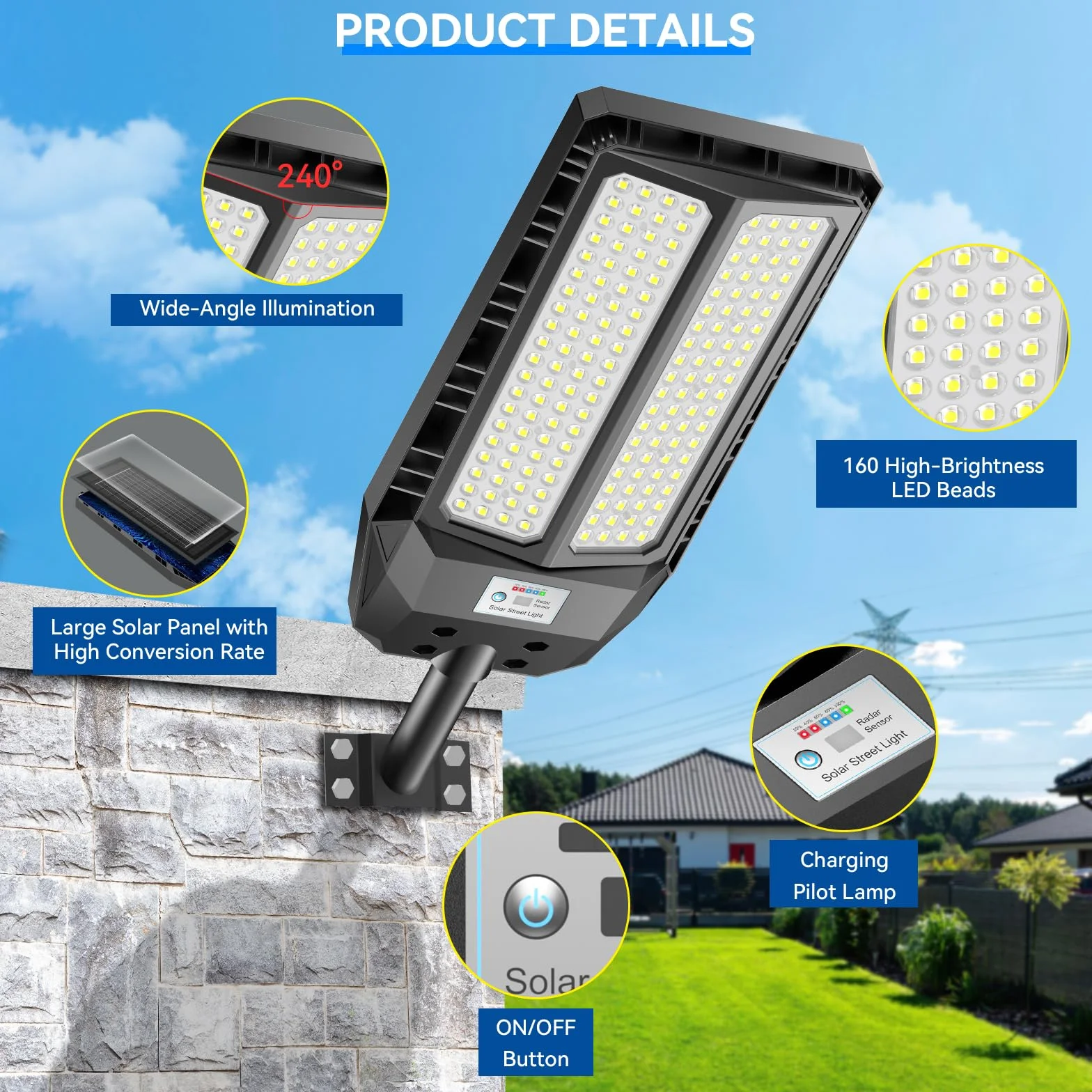 Adewalk 900W Lampione Solare Led Esterno con Telecomando, IP66 Impermeabile Lampada Stradale Solare con Sensore di Movimento, 6500K Super Bright Lampioni da Giardino Esterno Solari per Garage Strada