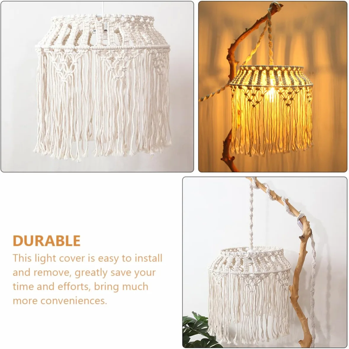 Paralume Lampada Sospensione in Corda di Cotone Beige, Design Macramè Intrecciato Elegante e Facile da Rimuovere, per Decorazioni Boho Chic in Casa