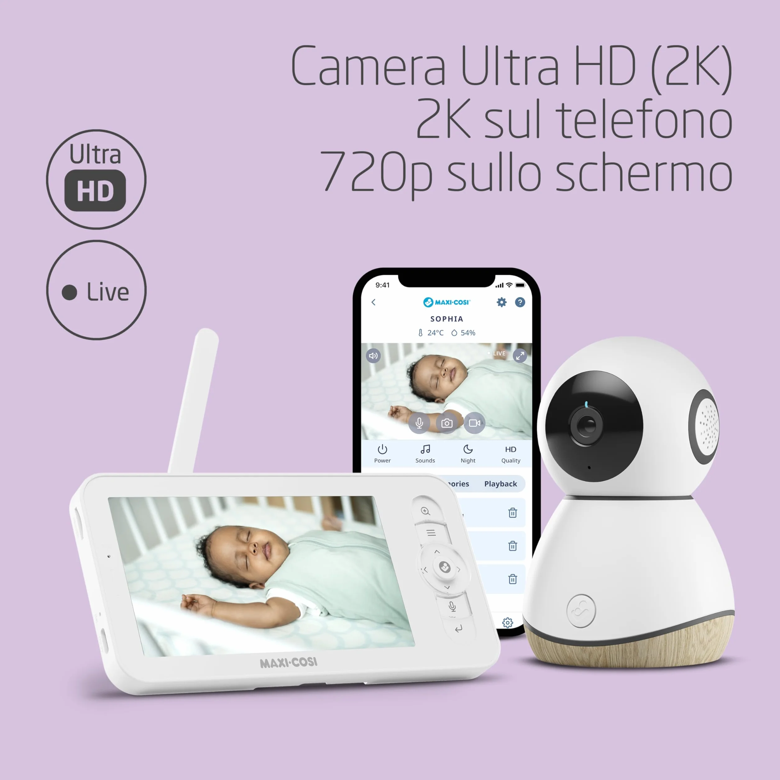 Maxi-Cosi See Pro Video Baby Monitor WiFi HD, Visione Notturna, Rilevamento Movimento, Termometro Igrometro