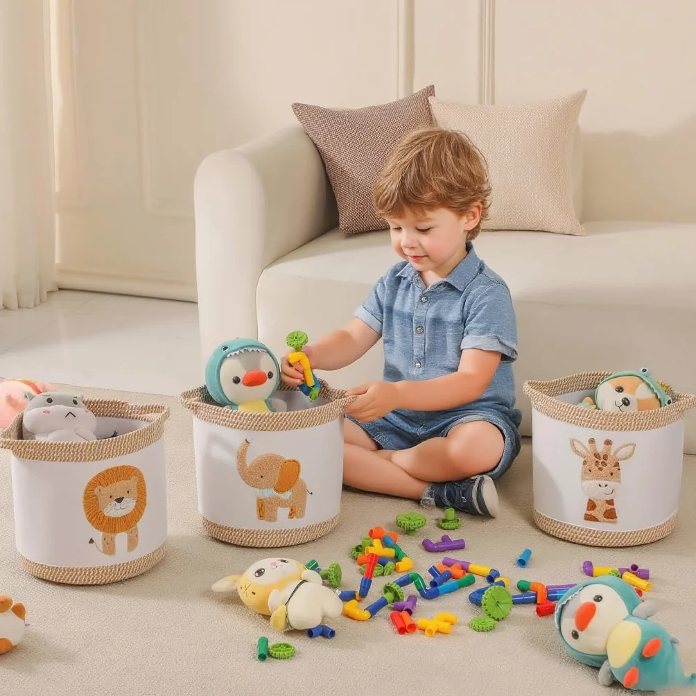 Ceste Portaoggetti Pieghevoli per Bambini Set Giallo Leone Giraffa Elefante
