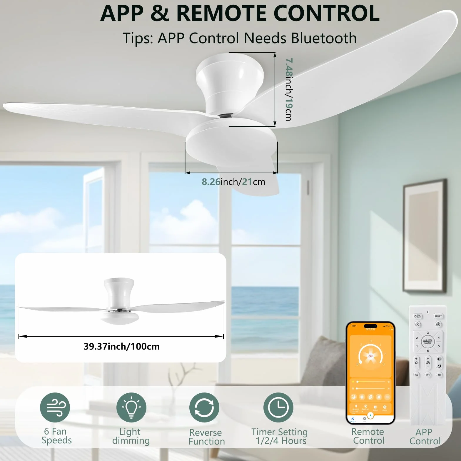 100 CM-Ventilatore da Soffitto con Luce con Telecomando, 60 W Ventilatore da Soffitto Silenzioso 6 Velocità Reversibile, Ventilatore da Soffitto Lampada Dimmerabile Timer per Camera da Letto Soggiorno