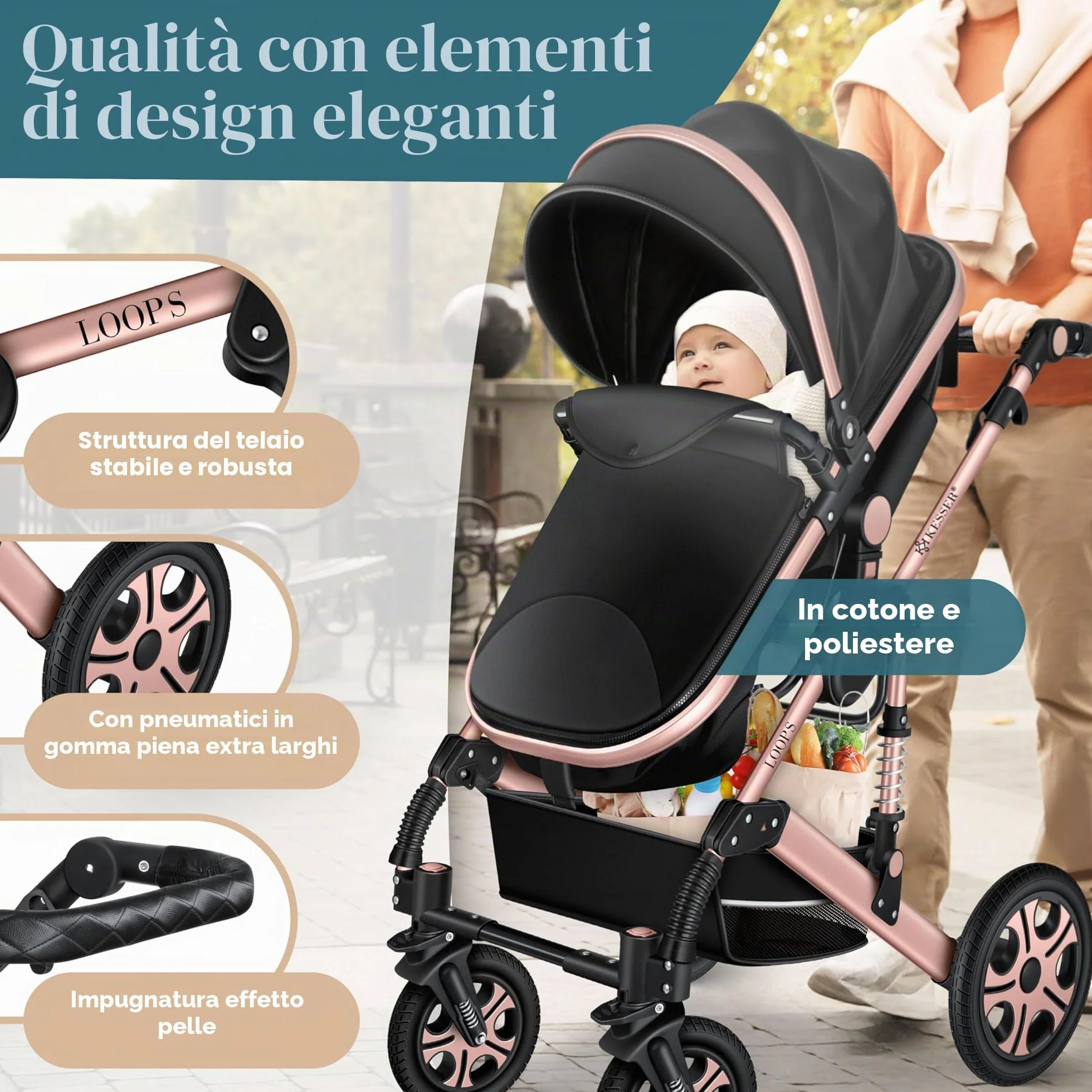 KESSER Carrozzina 3in1 Loops, Combinata con navicella, Seggiolino auto, Nero/Oro Rosato