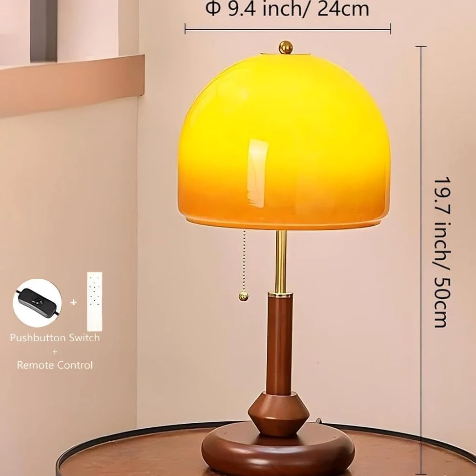 Lampada da Tavolo Fungo Arancione Dimmerabile con Telecomando, Paralume in Legno e Vetro Lampadina Fungo con Spina e Interruttore a Cavo Lampada da Comodino Decorativa a Forma di Fungo