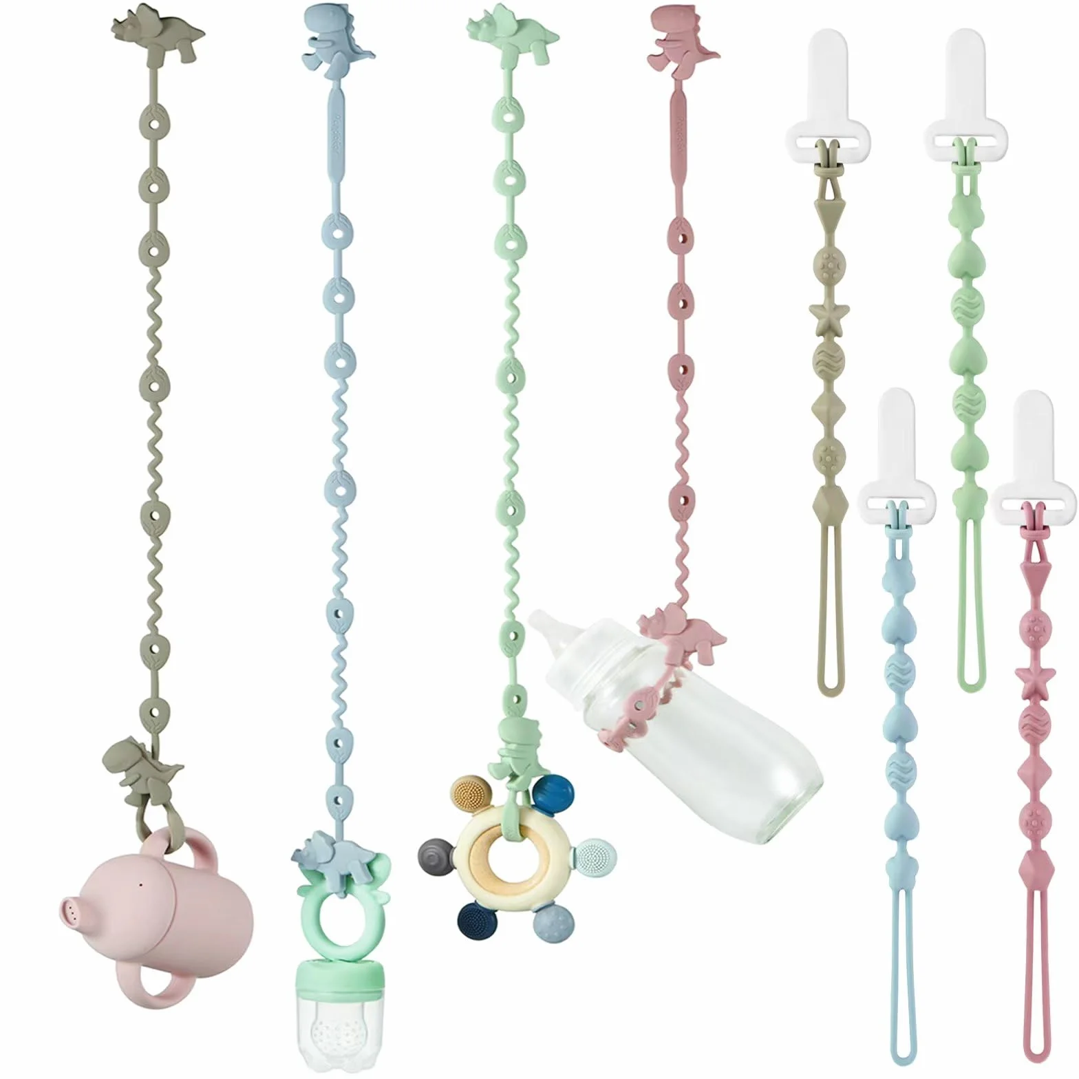 PandaEar Cinghie per Ciuccio in Silicone Confezione da 8, Clip e Massaggiagengive a Forma di Dinosauro