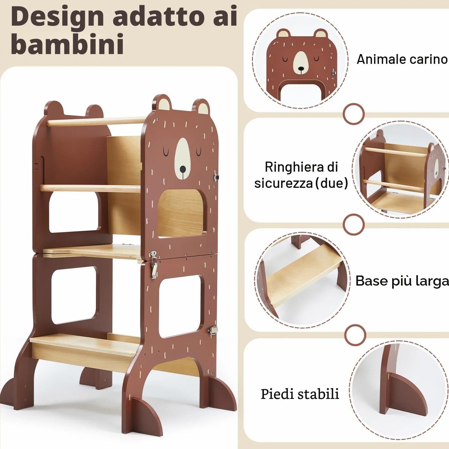 Labebe Torre Montessoriana Pieghevole in Legno 3 w 1 z Lavagna Orso Bruno