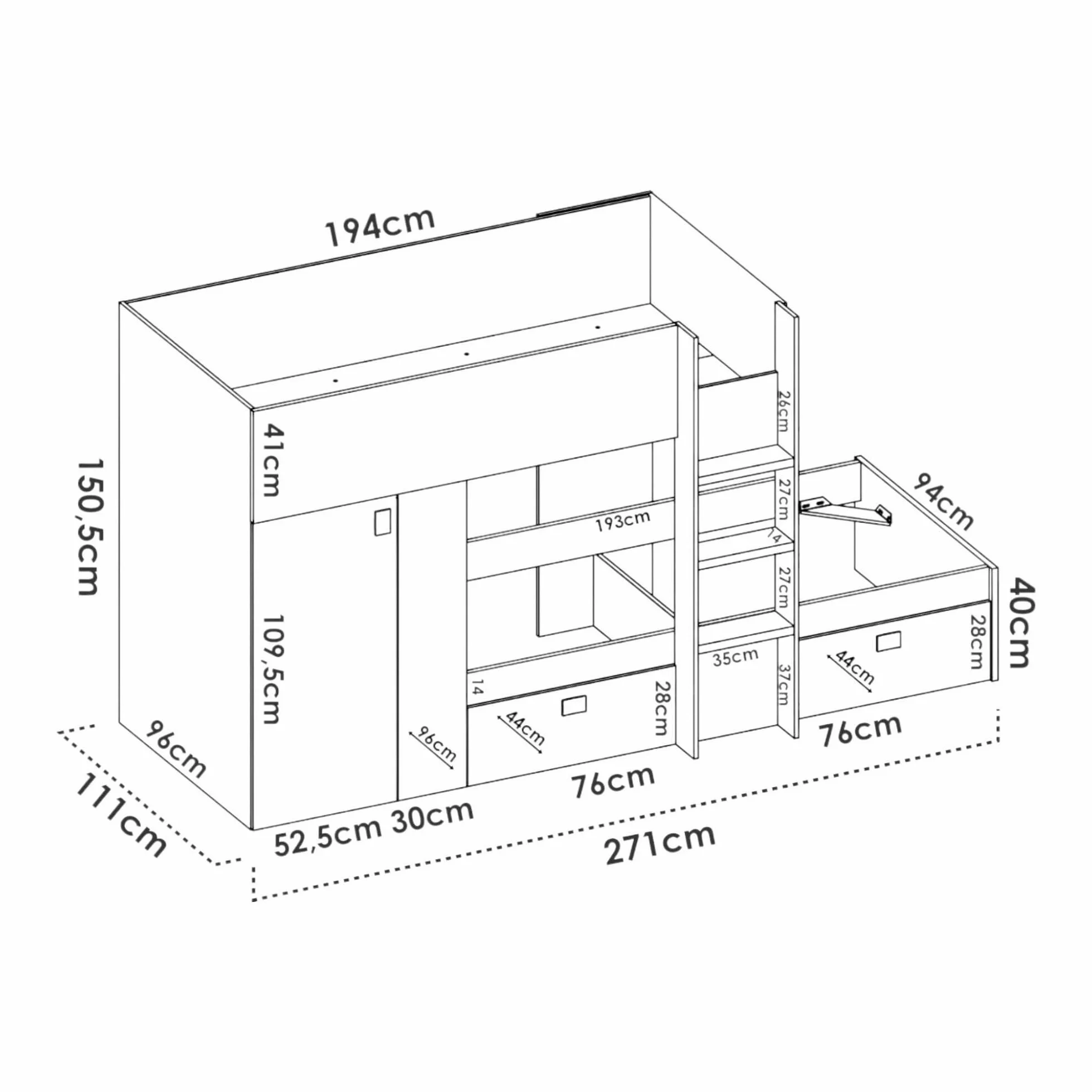 Dmora Bambini Cevedale Cameretta Completa Letto a Castello Due Lettini Singoli 271x111h150 cm Bianco e Rovere