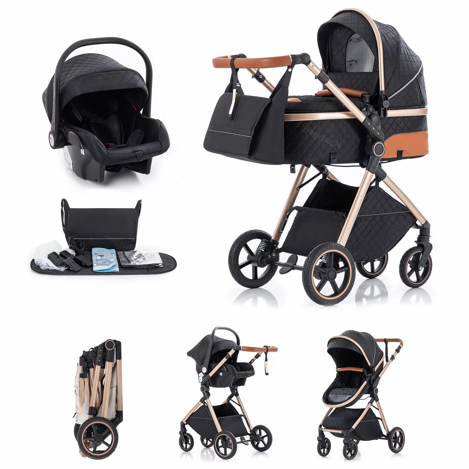 Passeggino 3 in 1 con Seggiolino Auto, Carrozzina Pieghevole, 7 Altezze Regolabili, Sospensione 4 Ruote, Nero