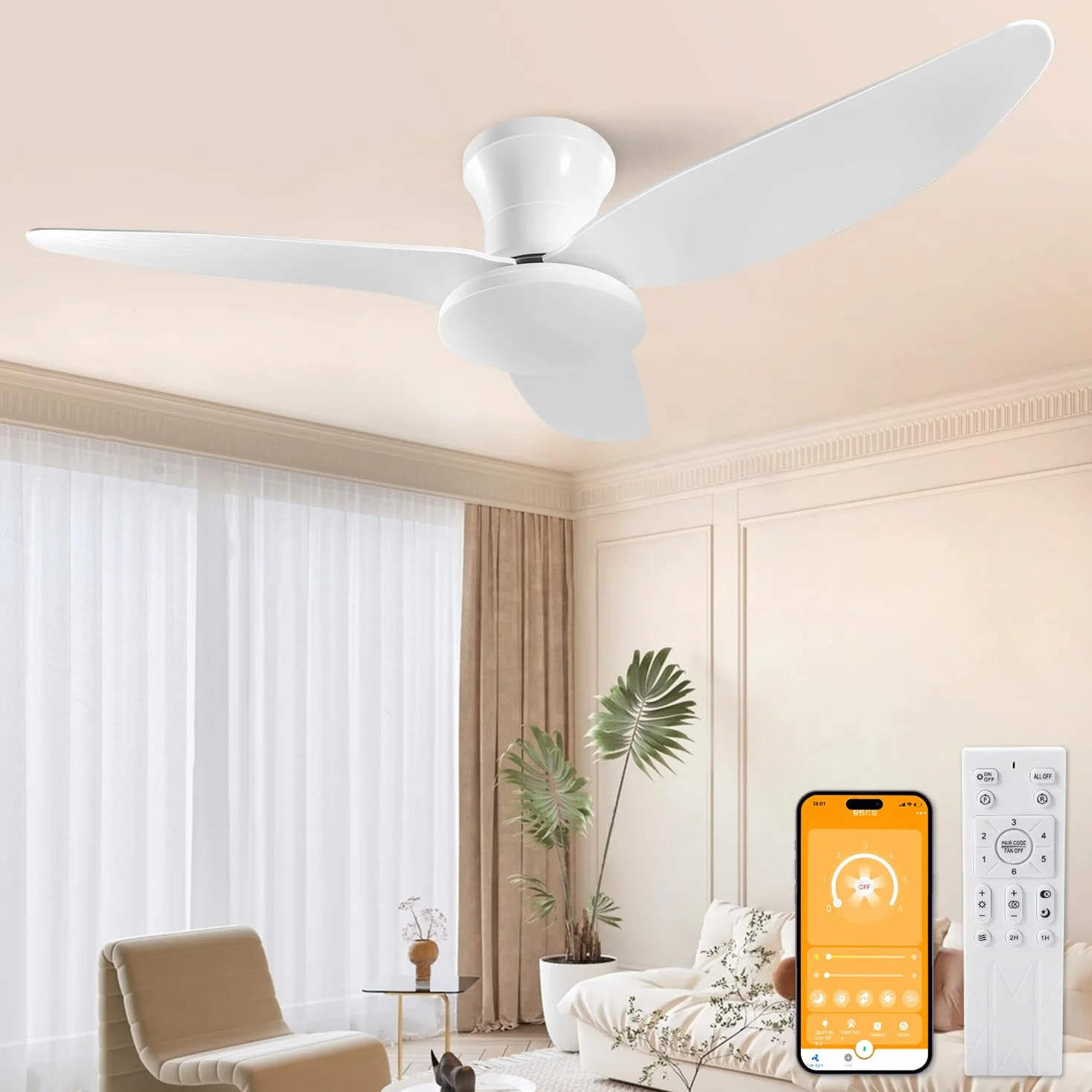 100 CM-Ventilatore da Soffitto con Luce con Telecomando, 60 W Ventilatore da Soffitto Silenzioso 6 Velocità Reversibile, Ventilatore da Soffitto Lampada Dimmerabile Timer per Camera da Letto Soggiorno