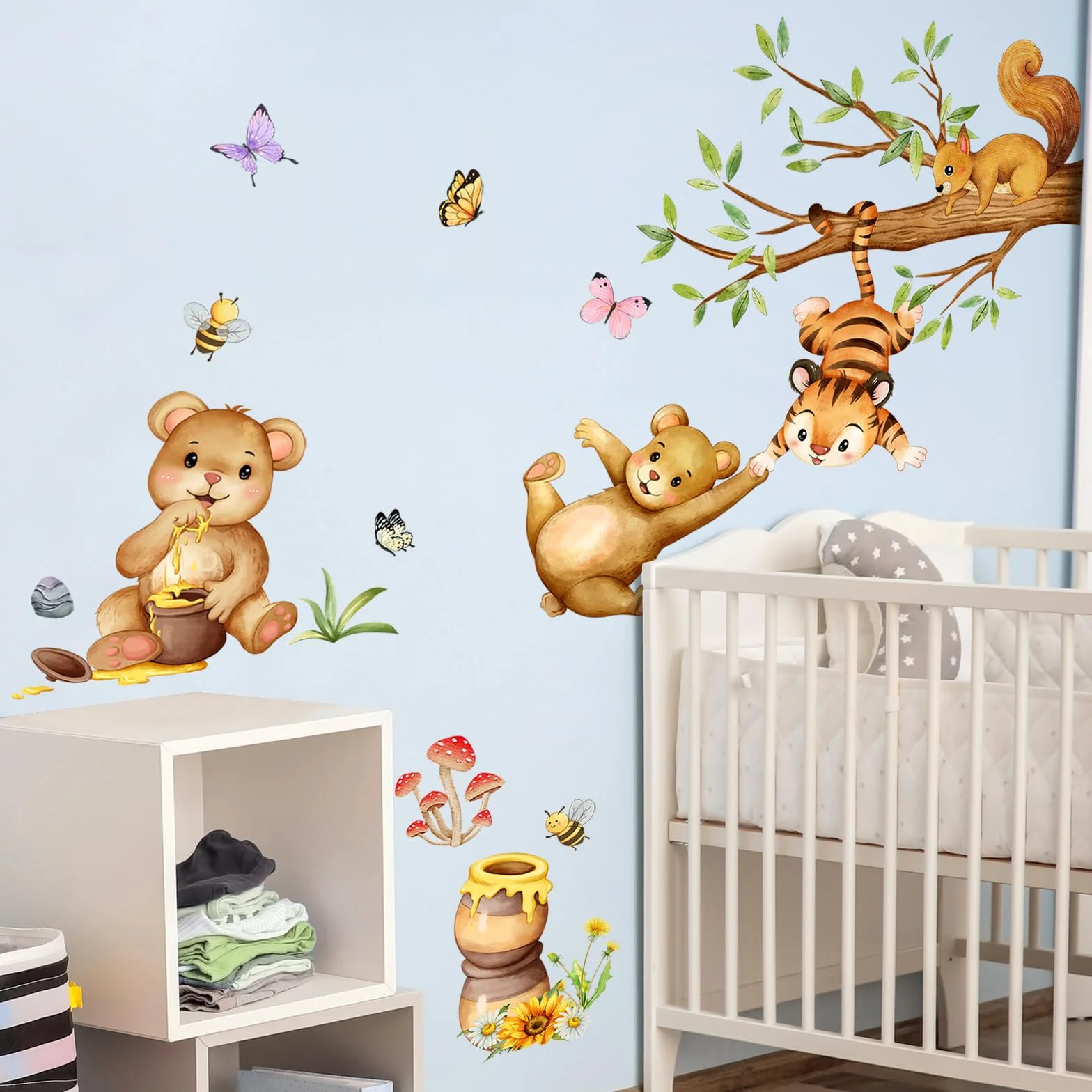 Supzone Adesivi Murali Animali Foresta Tigre Orso Scoiattolo Dondolando Miele Albero Ramo Decorazione Murale per Camerette Bambini