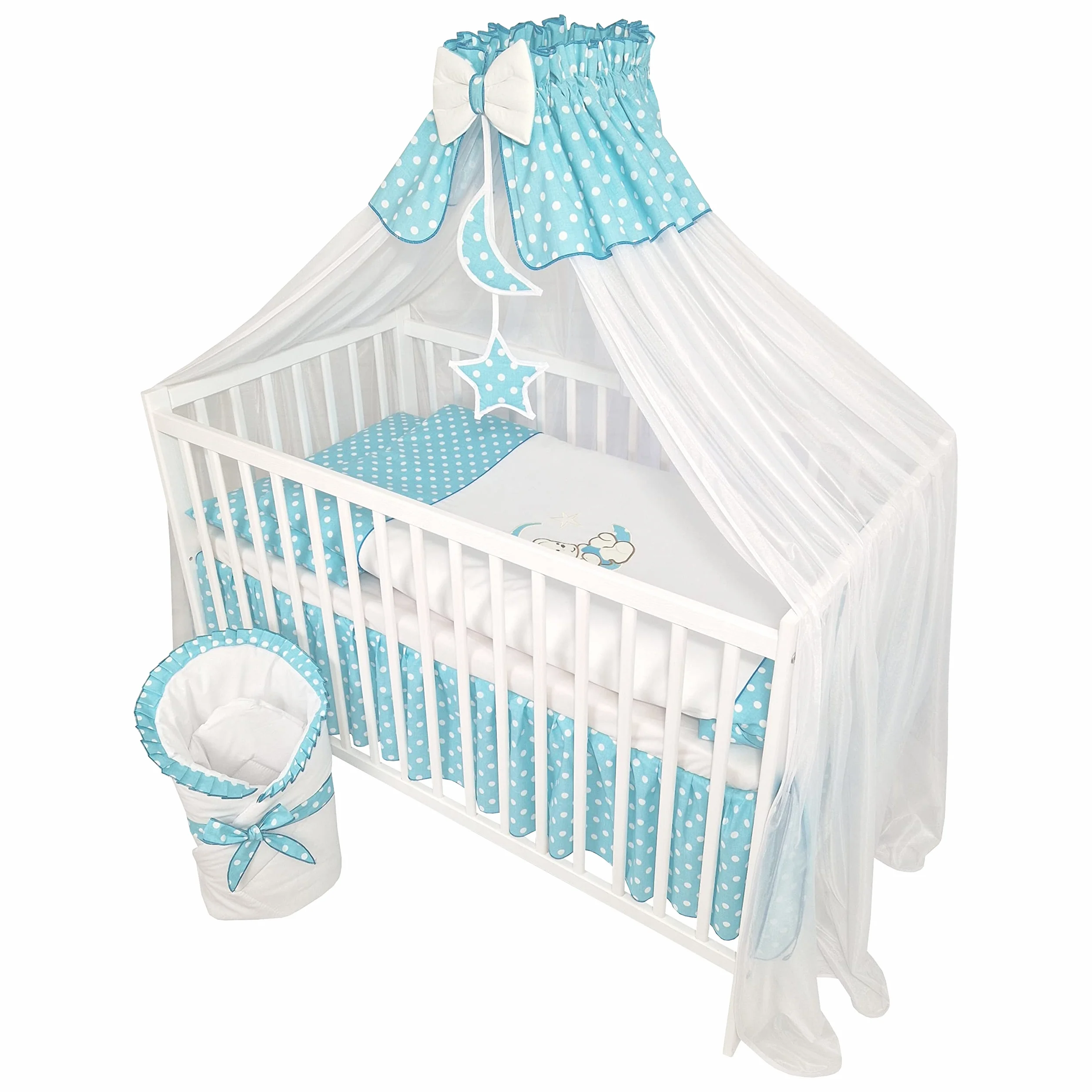 Happy Leo Set Completo 13 Pezzi Culla Lettino Materasso Regolabile Legno Massiccio Ricamato Orsetto Luna Azzurro
