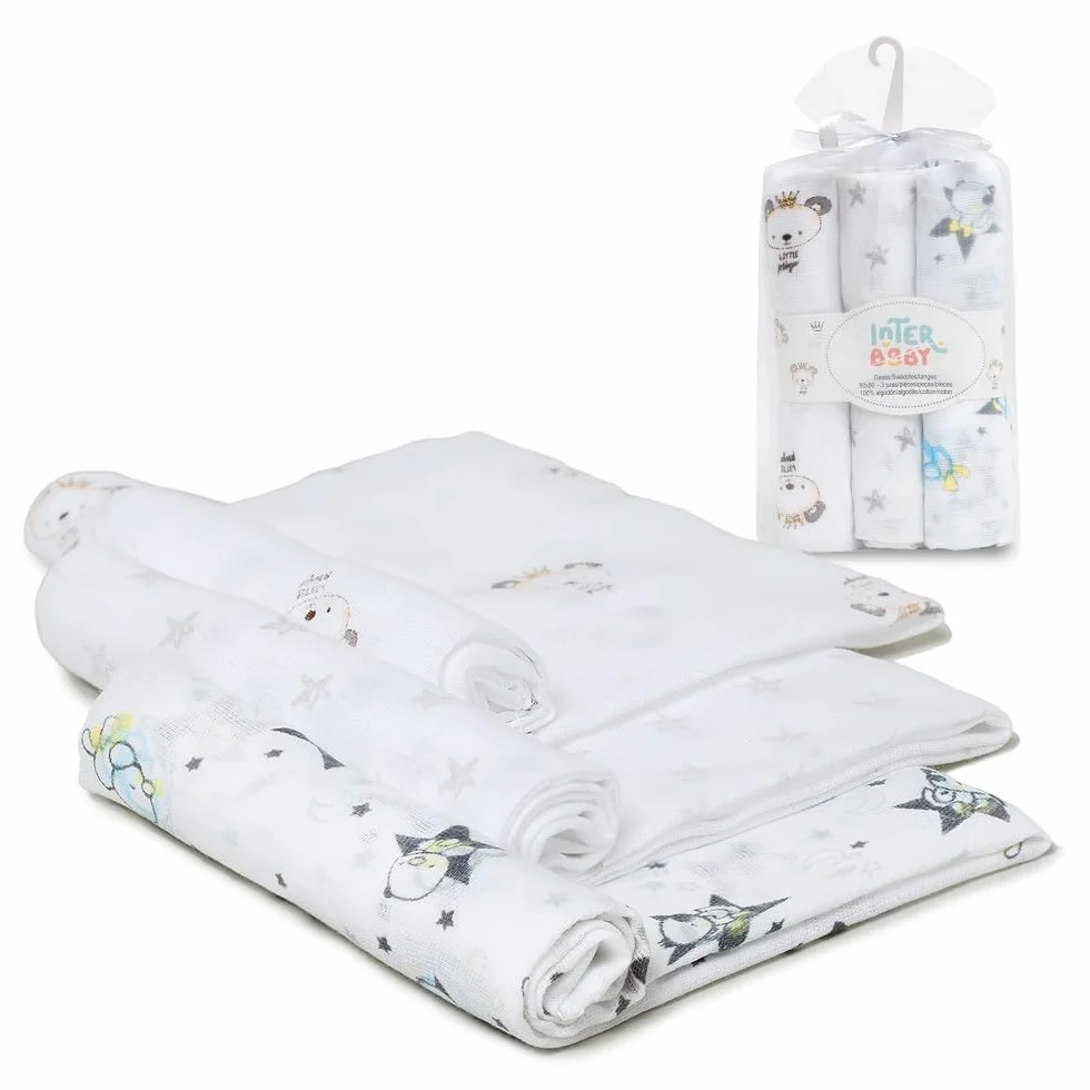 Interbaby Mussola Di Cotone Neonato Con Stampe Grigie 200 g