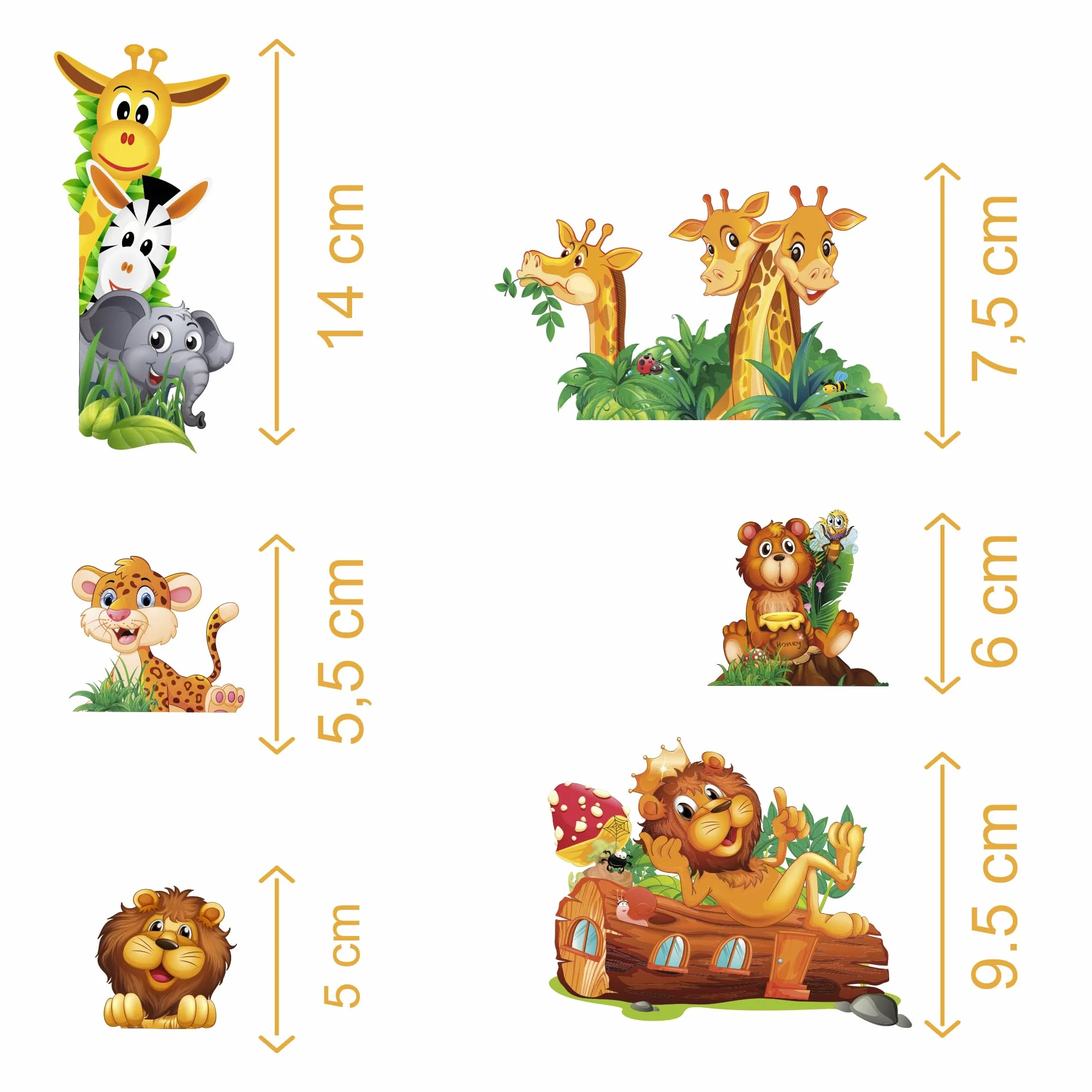 Adesivi Animaletti della savana Wall Stickers 6 pezzi Giraffe Leone Orsetto Elefantino Zebra decorativi Cameretta