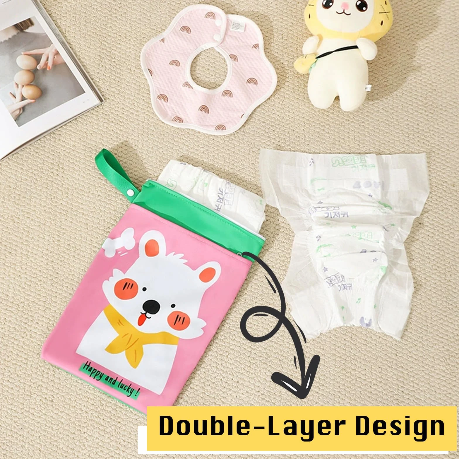 Borsa Porta Pannolini Impermeabile 2 Pezzi, Sacca Salviette Wet Bag con Zip, Animali Cartoni Animati, 2 Scomparti Viaggio Passeggino Spiaggia Piscina