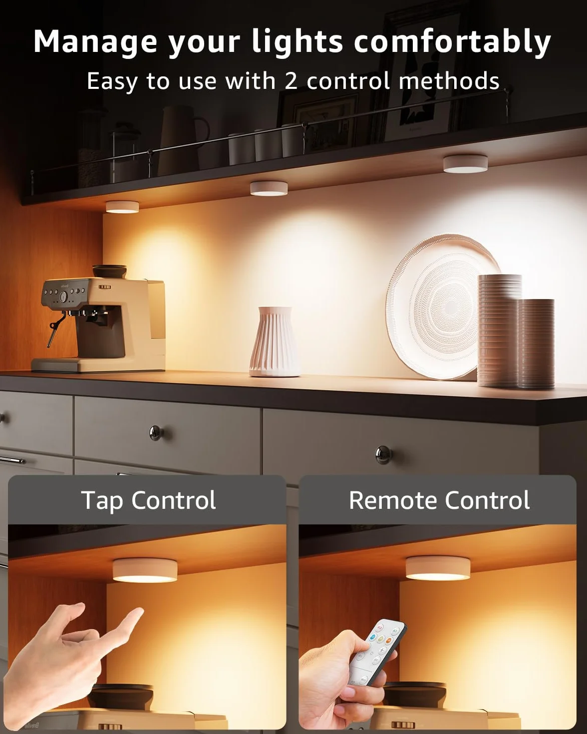 Luce LED Armadio Ricaricabile USB con Telecomando, 2400mAh Luce Vetrina Senza Fili Faretti LED Adesivi Lampada Sottopensile Cucina Batteria Luci Notturna per Interno Scale Guardaroba Sotto Mensola