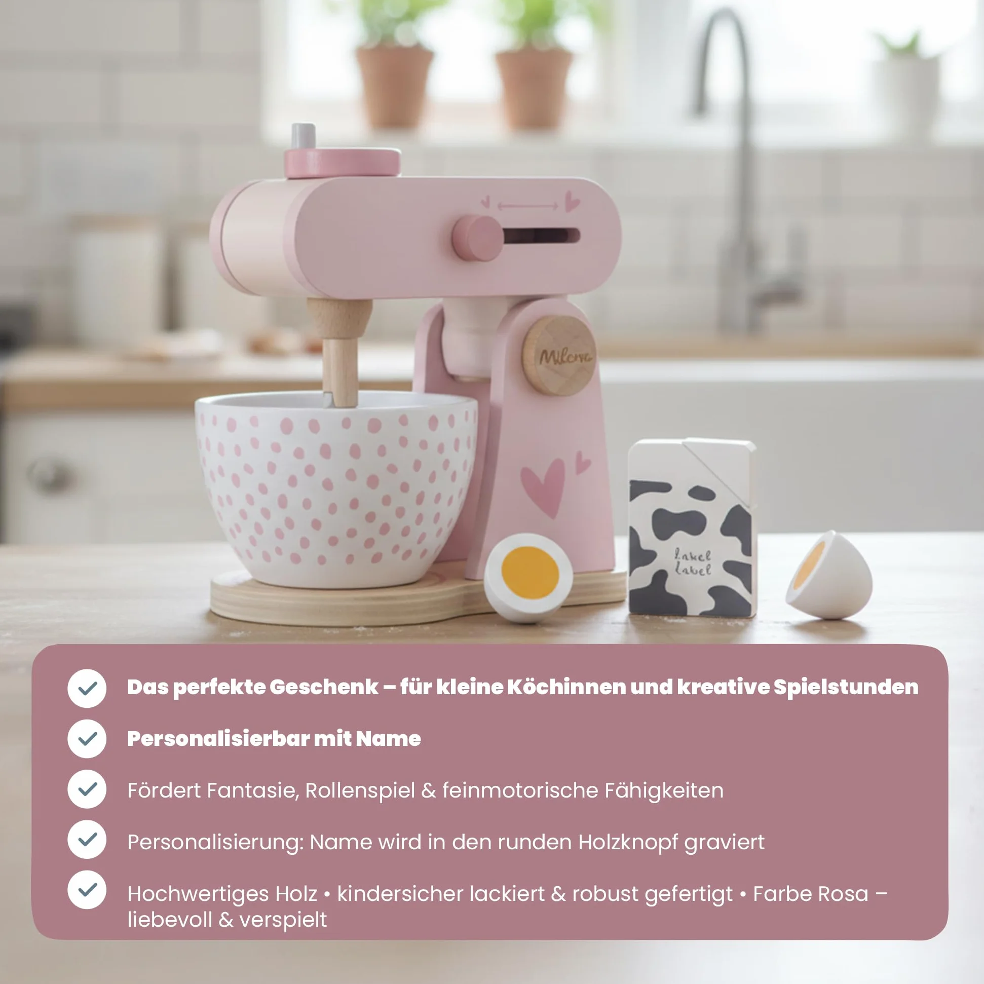 Label Label Robot da cucina giocattolo in legno Rosa per bambini 3 anni personalizzato