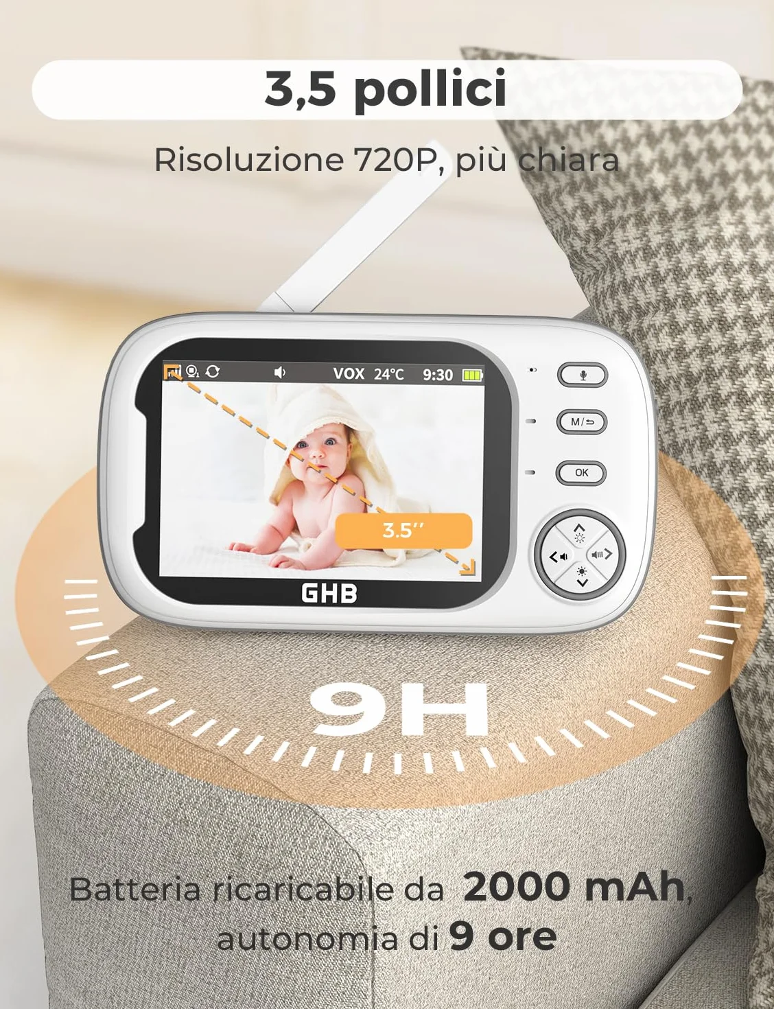 GHB Baby Monitor 3.5'' 720HD Kamera z Audio, 2000mAh, Komunikacja Dwukierunkowa, VOX, Nocne Widzenie, Monitorowanie Temperatury