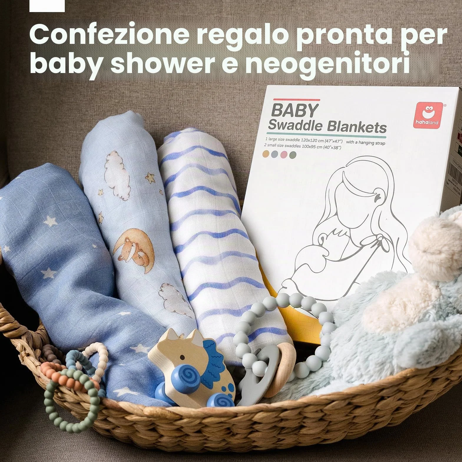 hahaland Mussole Neonato Bambù 100% Naturale Set di Copertina 120x120cm & 2 Pz 100x95cm Swaddle Morbido Assorbente