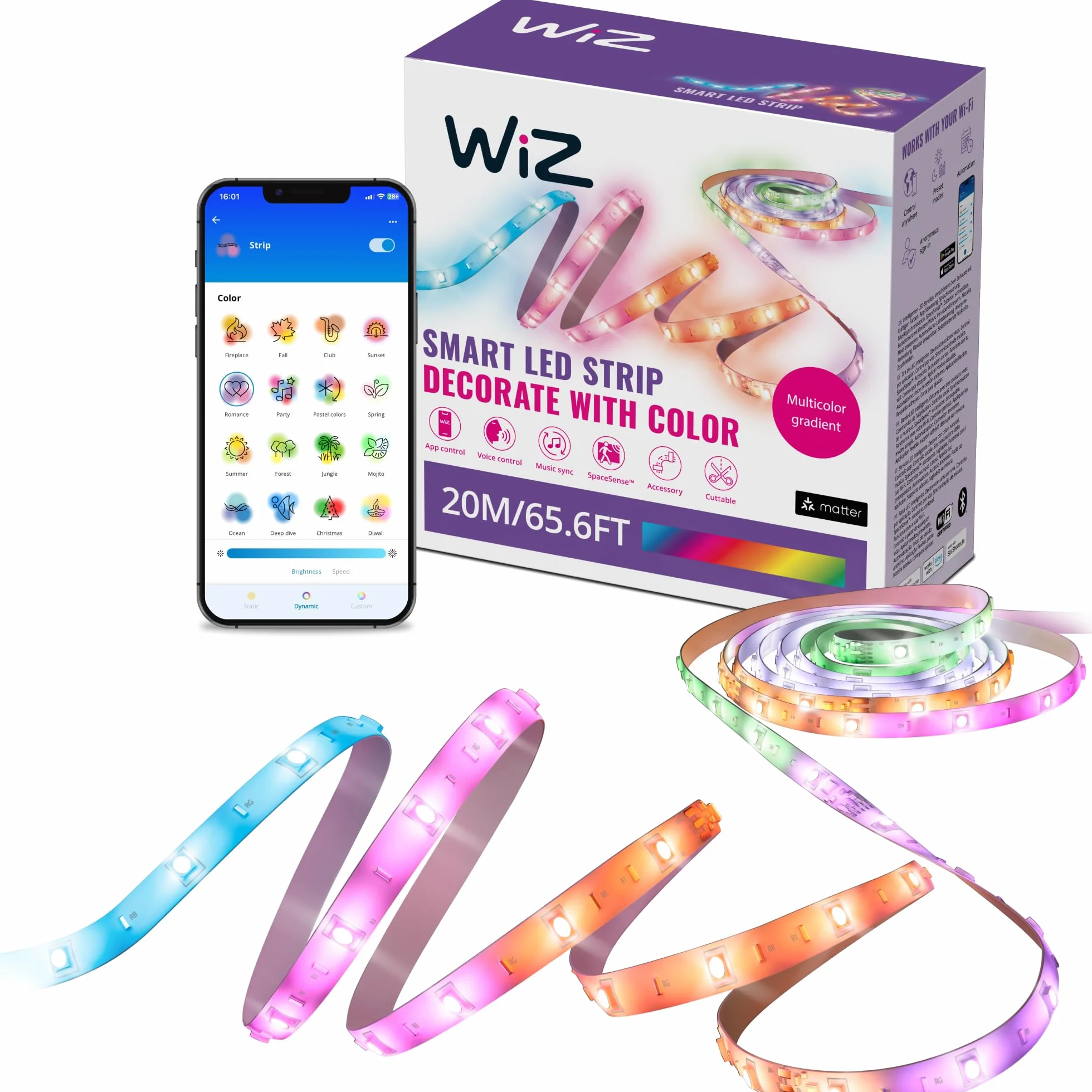 Wiz Striscia LED RGBIC Striscia luminosa a LED-20m,16 milioni di colori+sfumature di bianco,scenari luminosi dinamici,connessione al Wi-Fi,controllo vocale/app,funziona con Google Home,Alexa e HomeKit