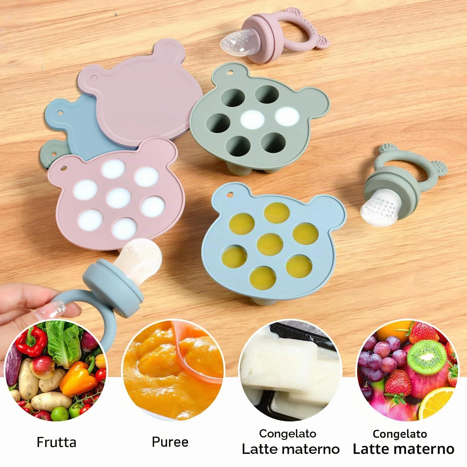 Ciuccio Per Alimenti Aolso, Ciuccio Per Frutta Alimentatore, Allevia Dolore Gengive, Vassoi Congelatore (Blu)