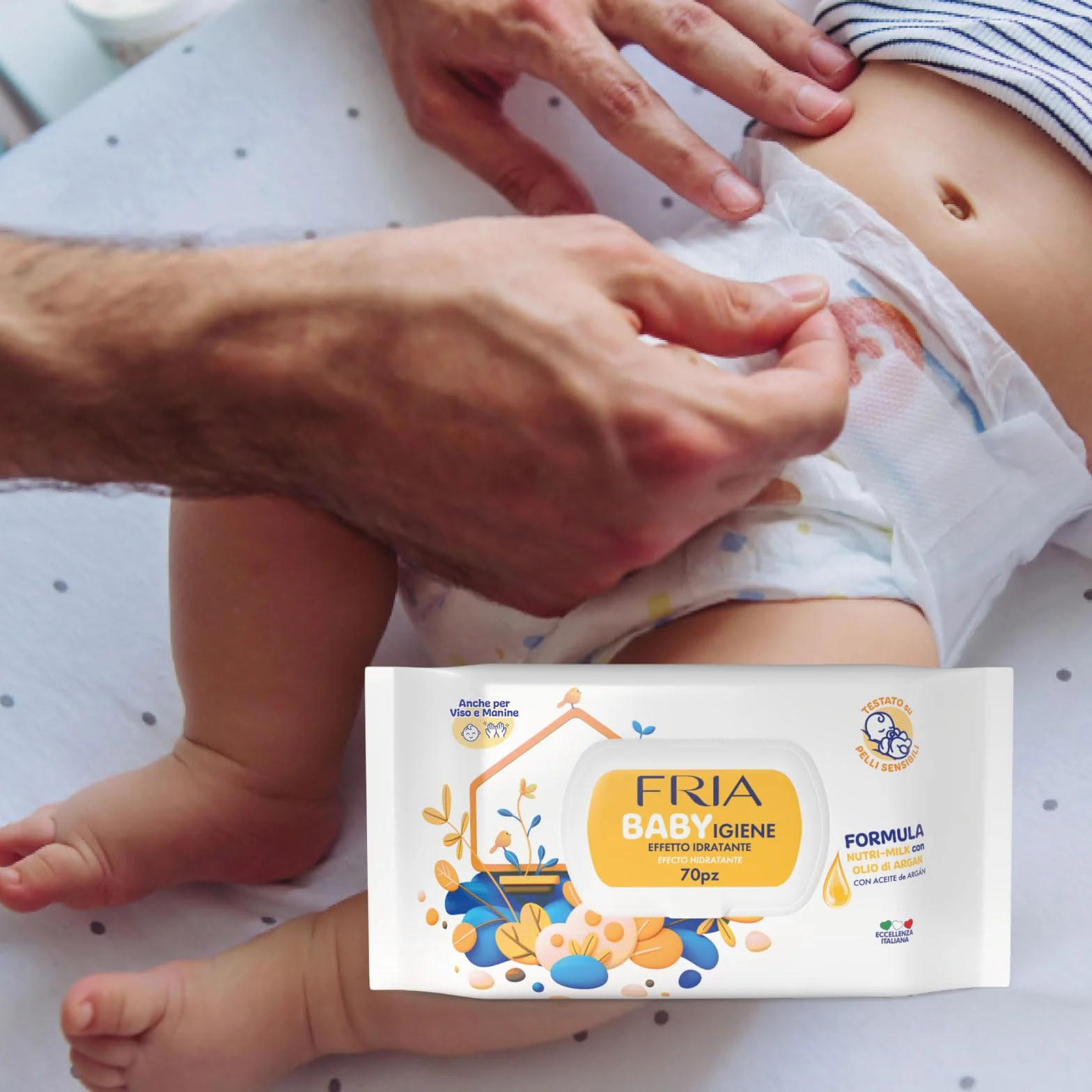 Fria Baby Salviette per Cambio Pannolino con Olio di Argan e Nutrimilk, Idratanti, 70 Pezzi