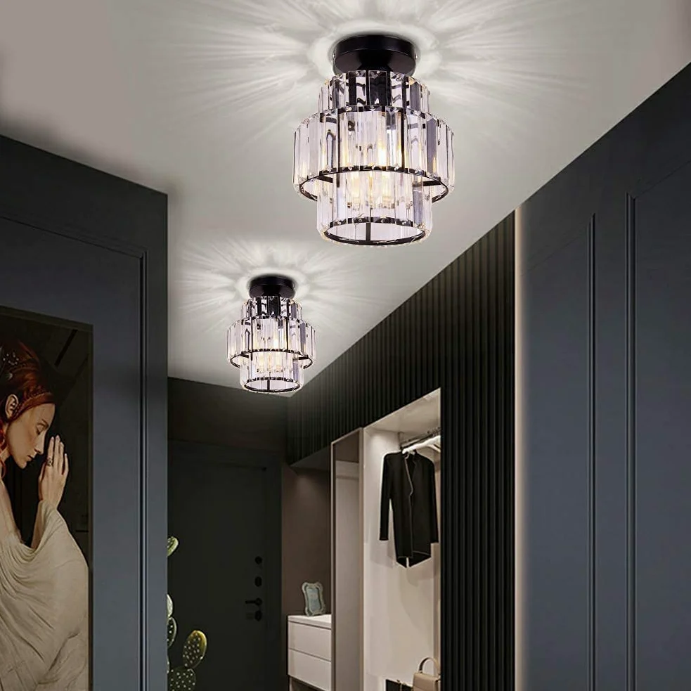 Mini Lampadario Moderno Cristallo Lampadario Incasso Soffitto Doppio Strato Cristallo Lampadario Illuminazione Lampada per Camera da letto Cucina Bar Bagno Corridoio (nero)