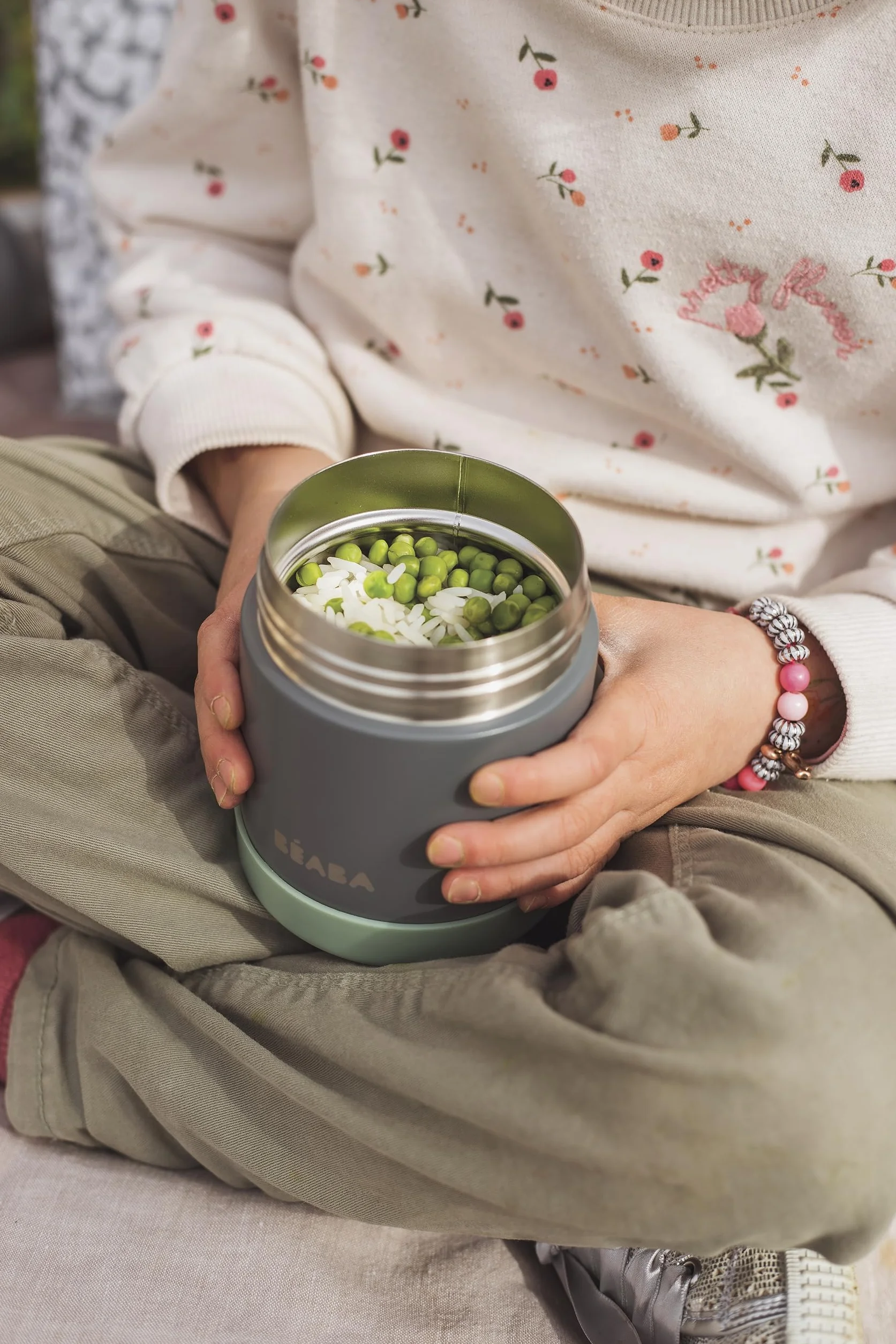 Béaba Vasetto Termico per Conservazione Alimenti 300 ml Inox Doppia Parete Ermetico Grigio minerale/verde salvia