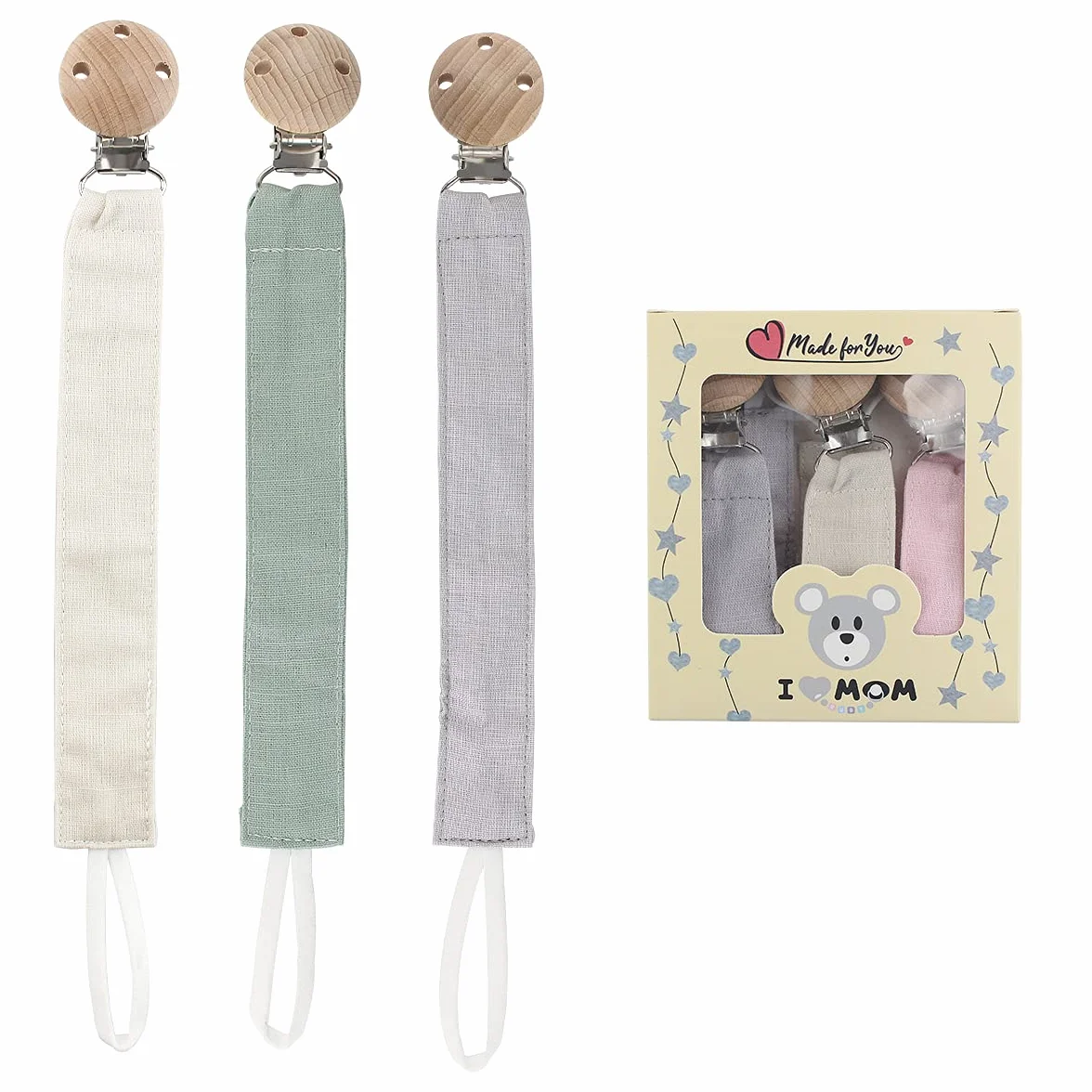 RUBY Catenella in Tessuto Porta Ciuccio Neonato Cotone Clip Legno Faggio Naturale Set Catenina Verde