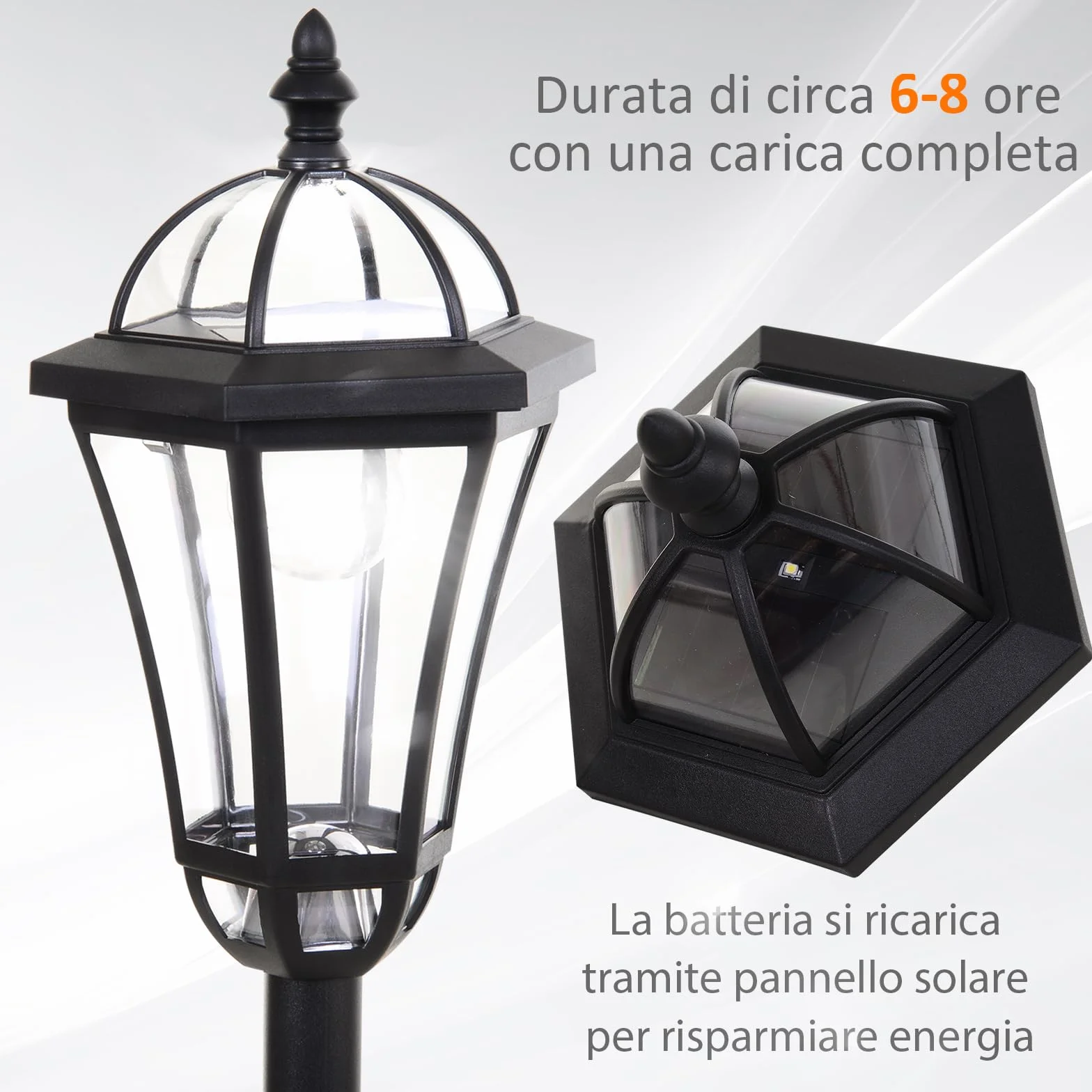 Outsunny Set 2 Lampioni Solari da Giardino, Luci da Esterno Solari con 2 LED, Accensione Automatica e Durata 6 Ore, Nero