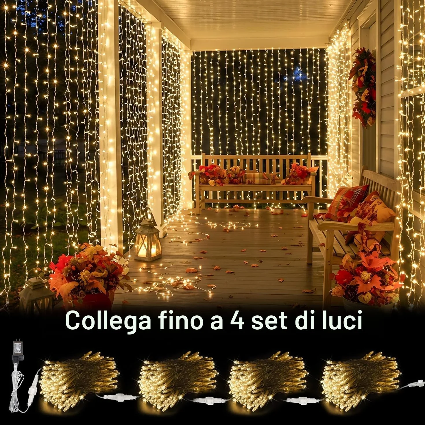 Joycome Tenda Luminosa Esterno, 6x3m 600 LED Cascata Luci con Spina, 8 Modalità Luci a Tenda per Esterno, Impermeabile Decorazioni Luminose per Giardino Balcone Vetrina Matrimonio - Bianco Caldo