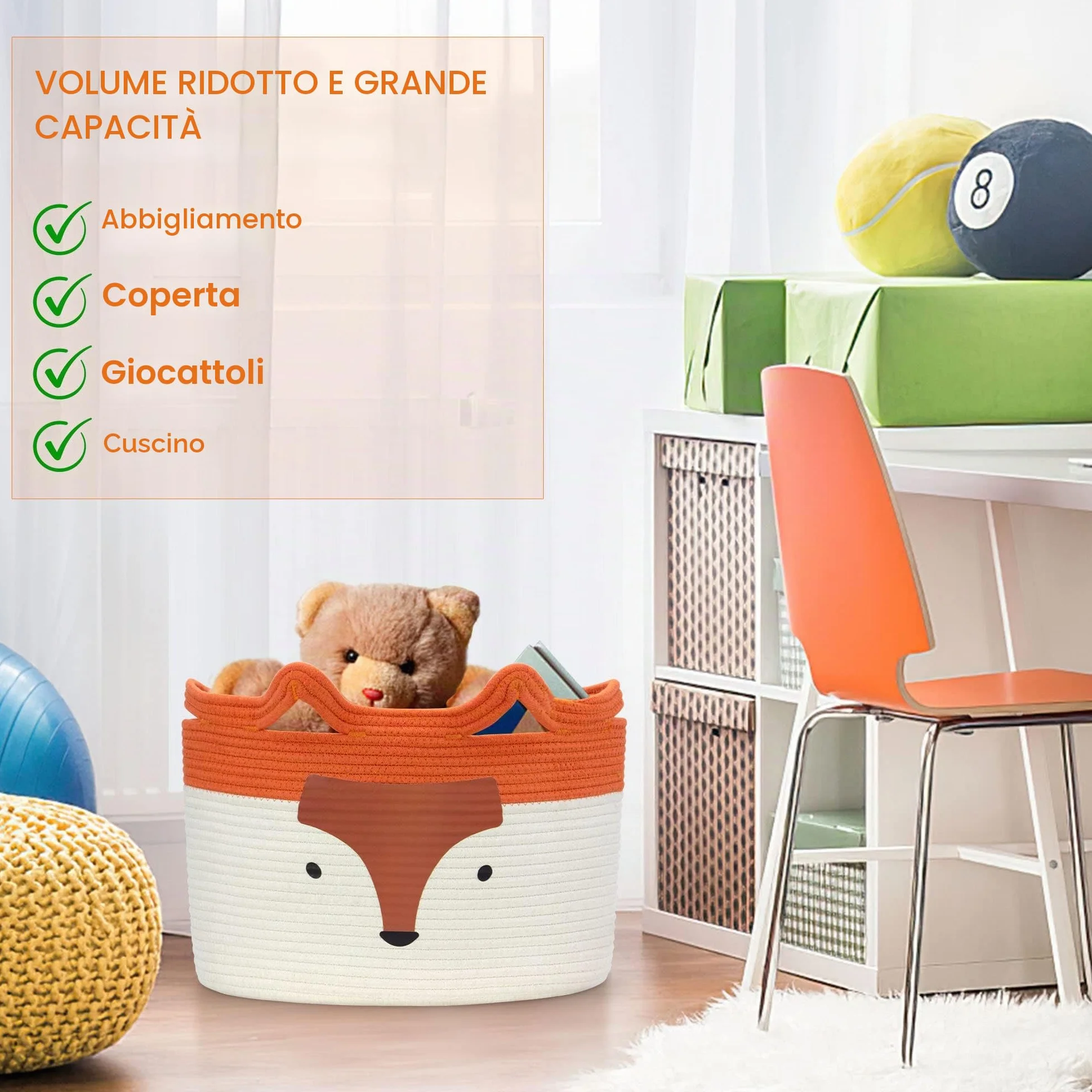 Cesto portaoggetti in cotone per giocattoli e biancheria Volpe, decorazione cameretta bambini