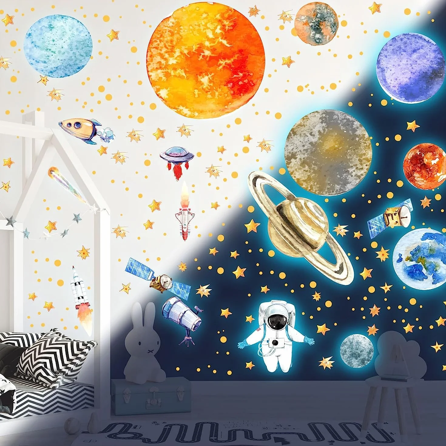 Adesivi da Parete Fluorescenti Stelle Astronauta Pianeta Spazio Murali Sistema Solare Decorazione Camera Bambini Blu