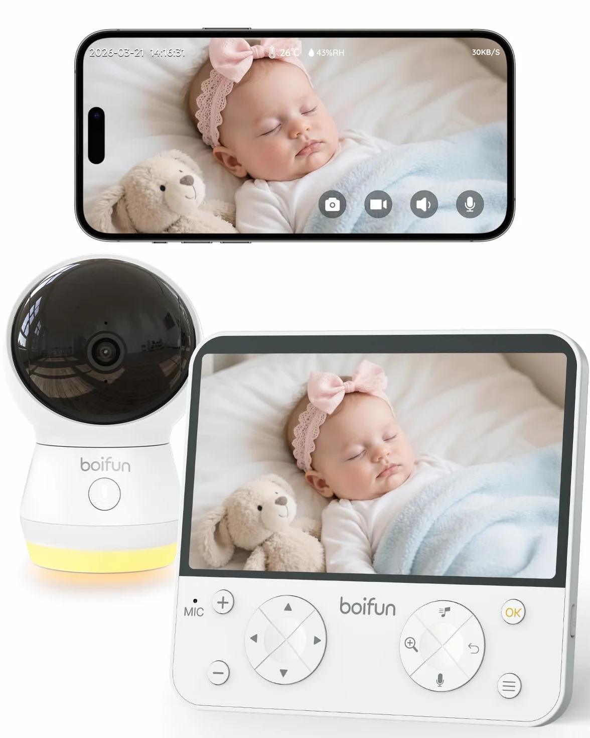 Boifun Baby Monitor 5.5" Video Audio 4MP 360° Zoom 4X WiFi AI Intelligente Audio Bidirezionale Luce Notturna 4000mAh