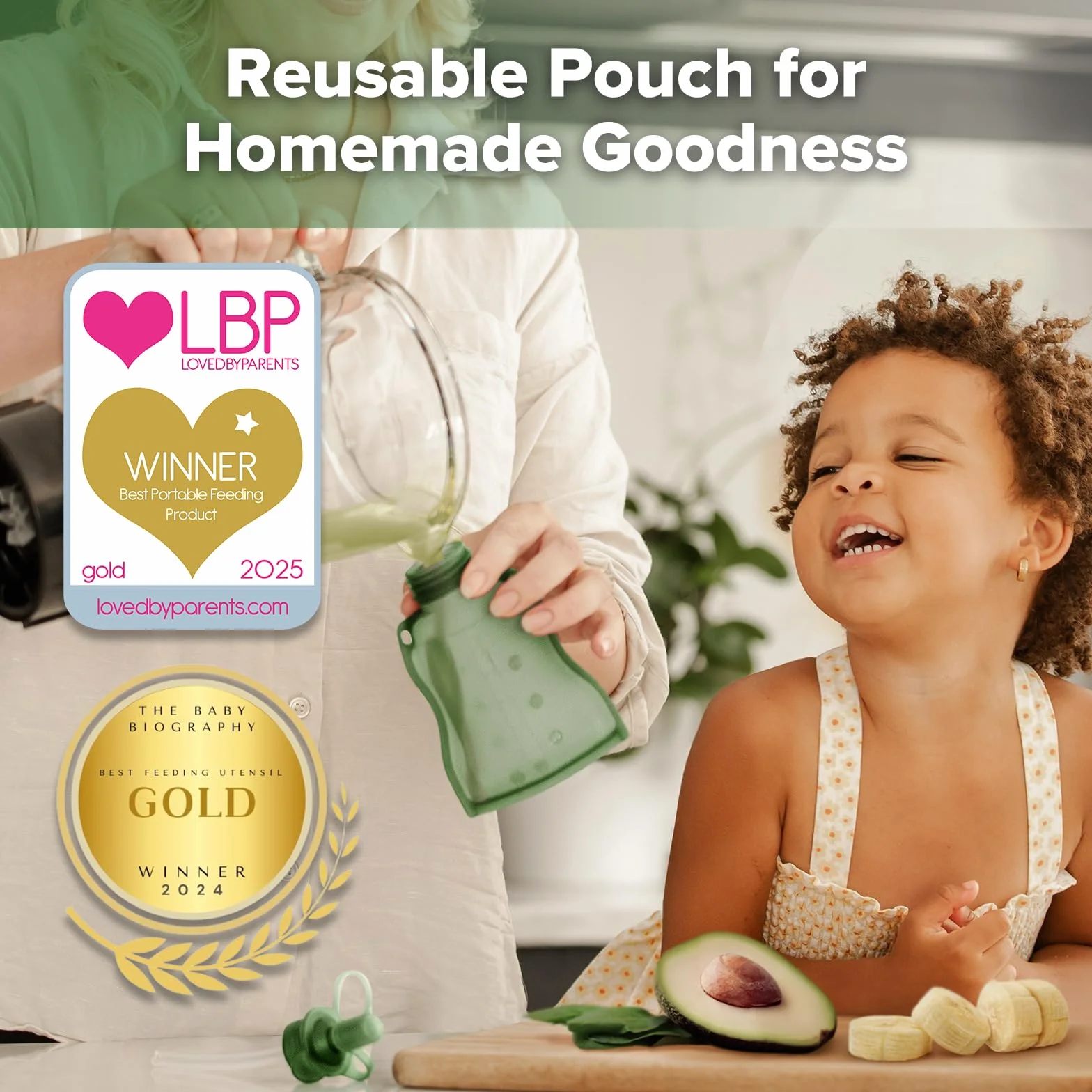 haakaa Yummy Pouch Reusable Baby Food Pouch, 4oz, 2 Pack, Pea Green