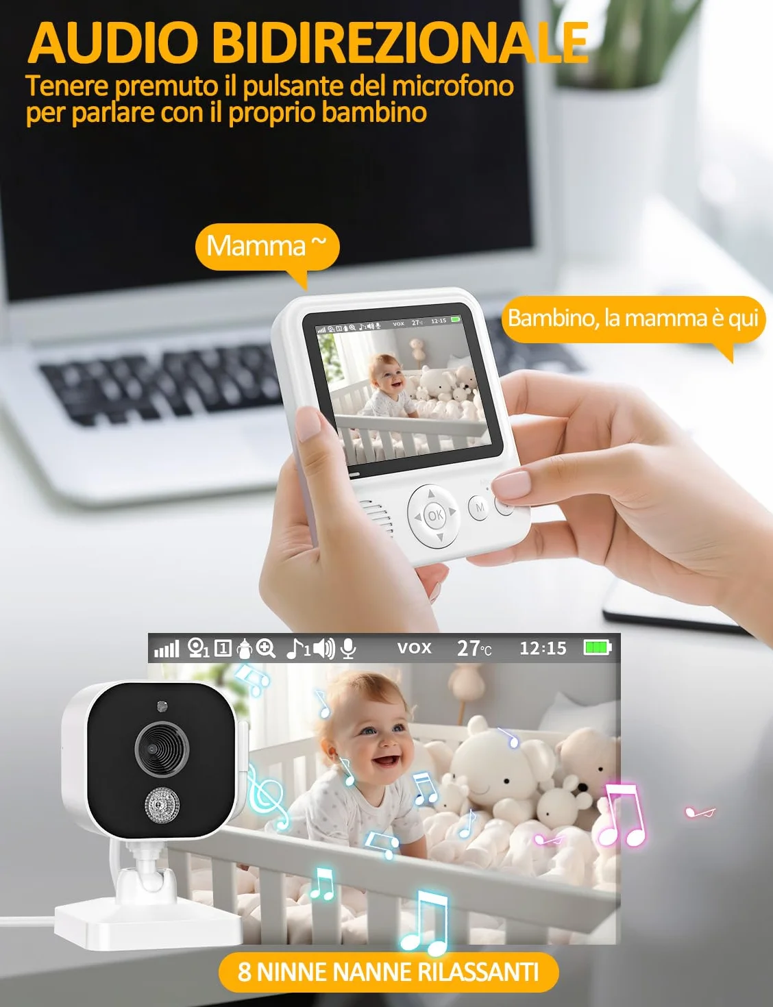 Baby Monitor con Telecamera 2,8 Pollici 720P Babyphone Camera Zoom USB-C VOX Visione Notturna Comunicazione Bidirezionale Sensore di Temperatura 8 Ninne Nanne