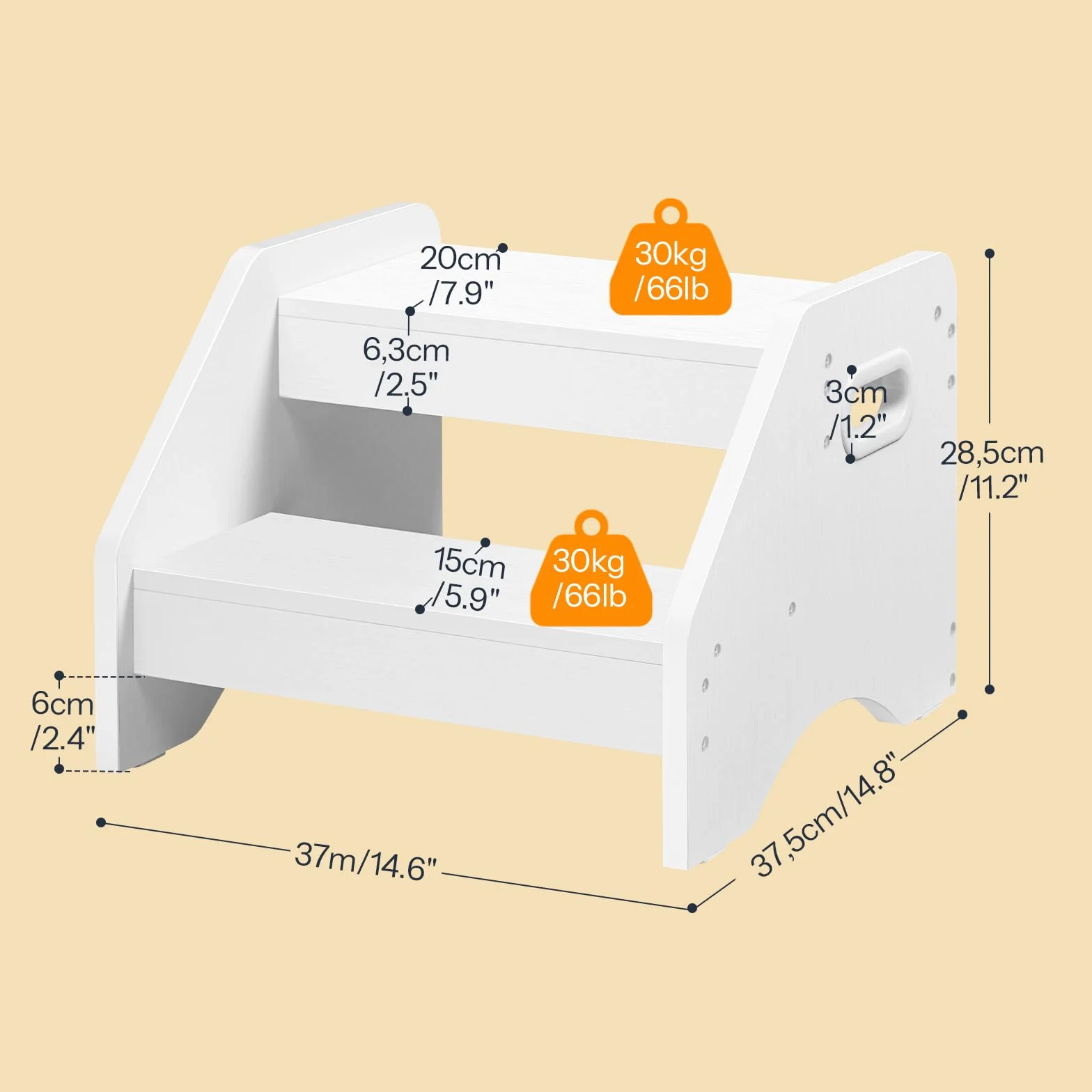 HOOBRO Scaletta a 2 Gradini Bambini in Legno, Sgabello con Maniglie Antiscivolo, Portata 30 kg, Bianco